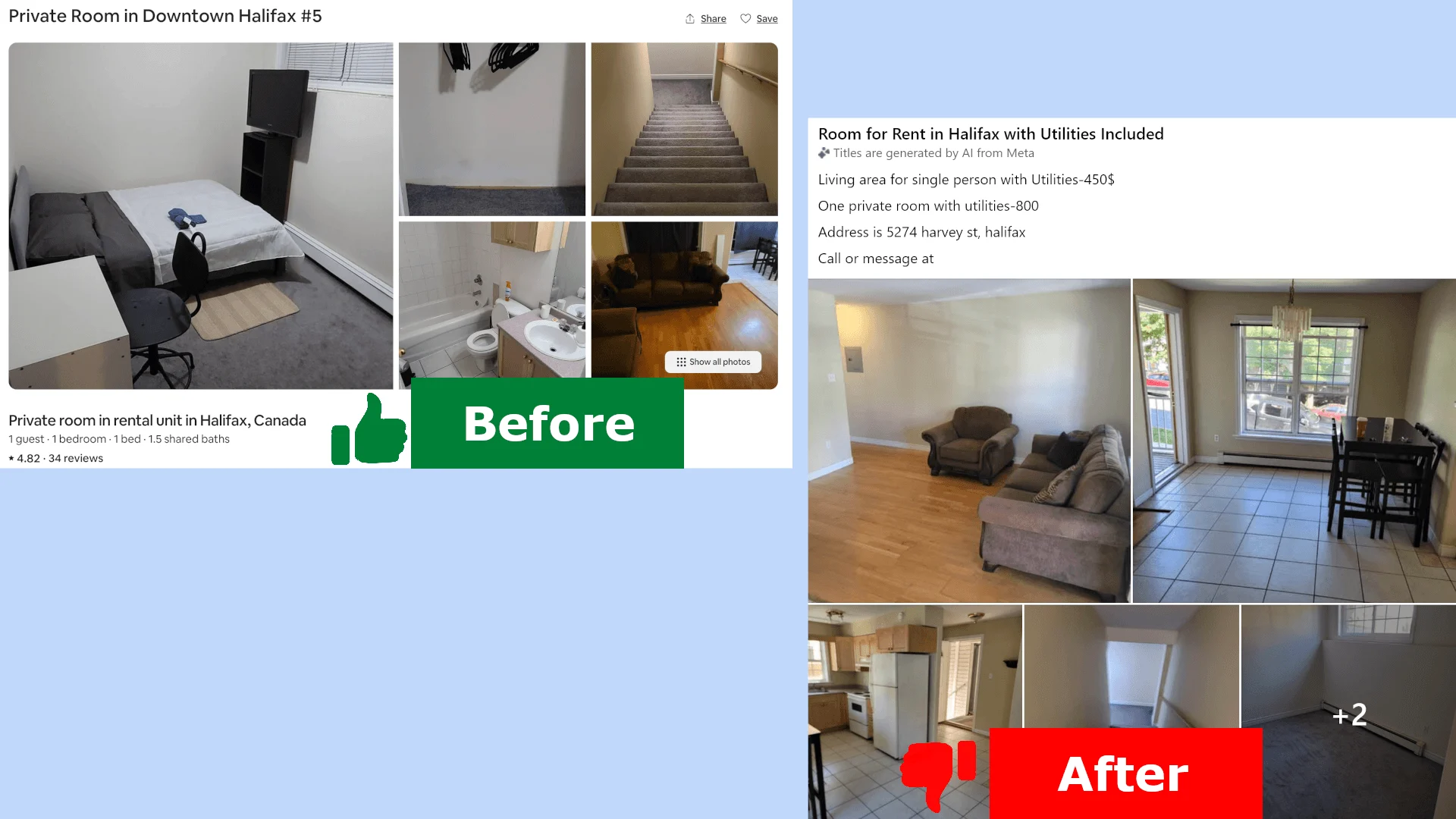 The Airbnb mice host’s listing comparison, before vs after