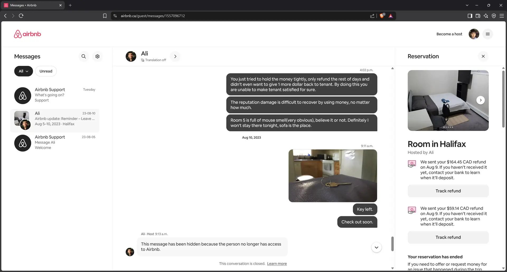 Airbnb mice host sent message never apologized for mice issue