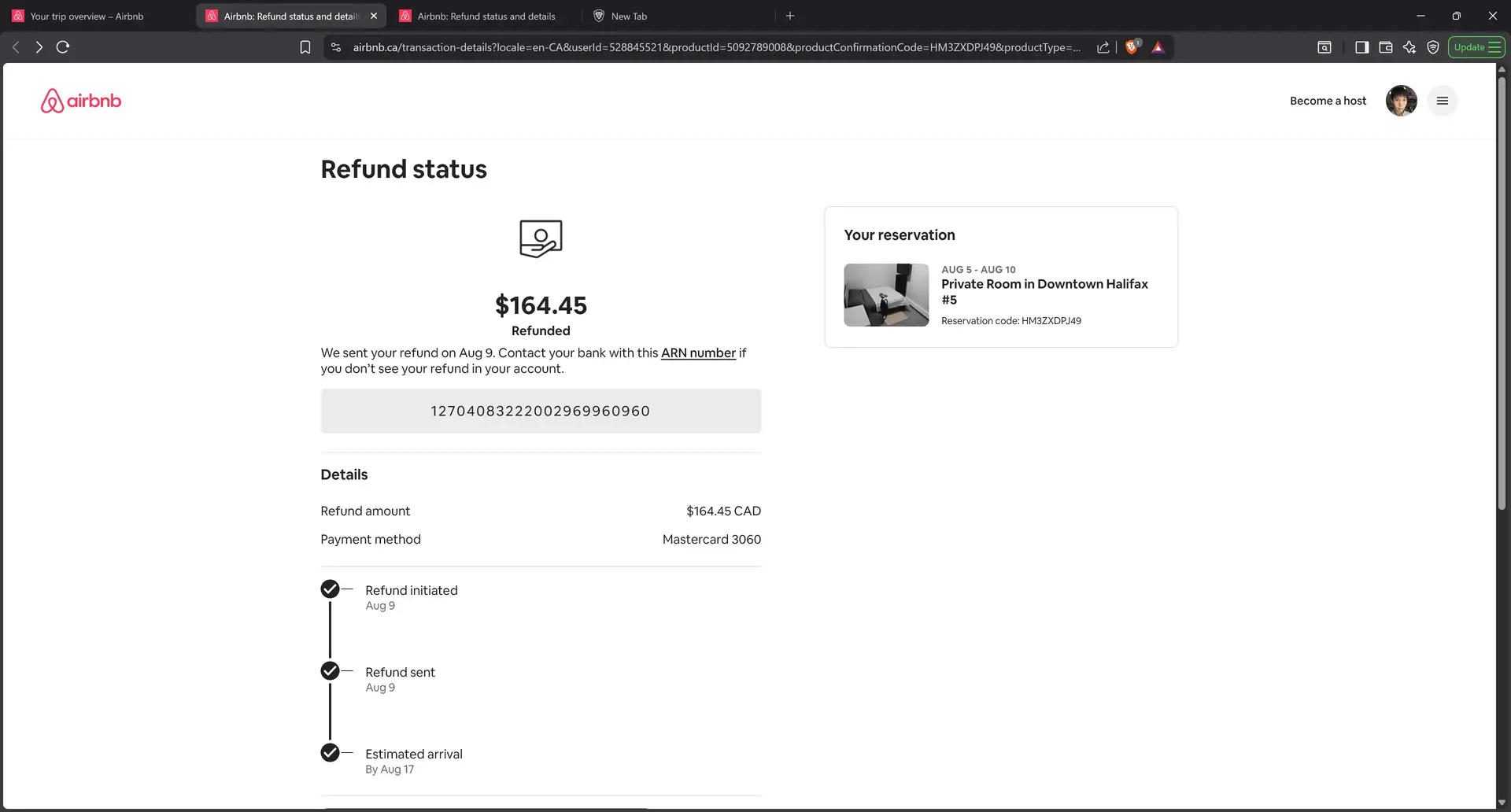 Airbnb mice refund CA$164.45 screenshot