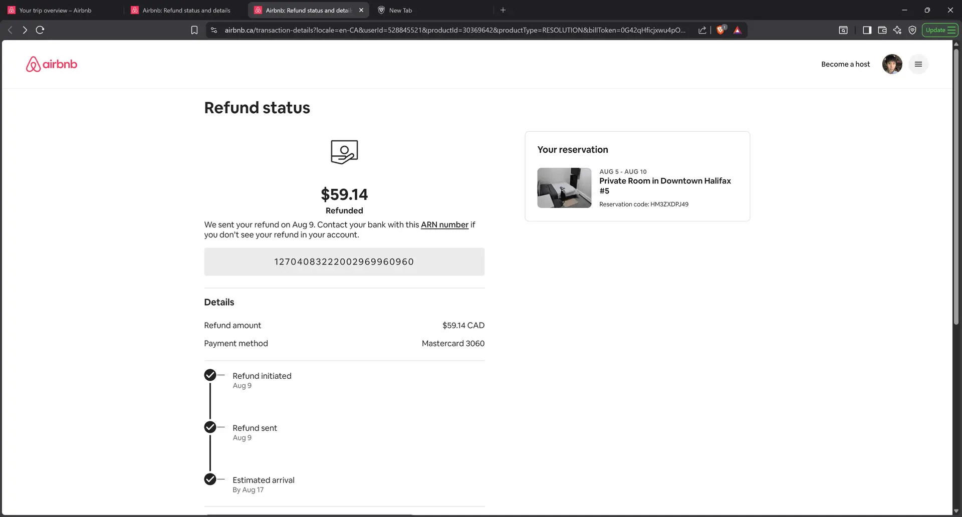Airbnb mice refund CA$59.14 screenshot