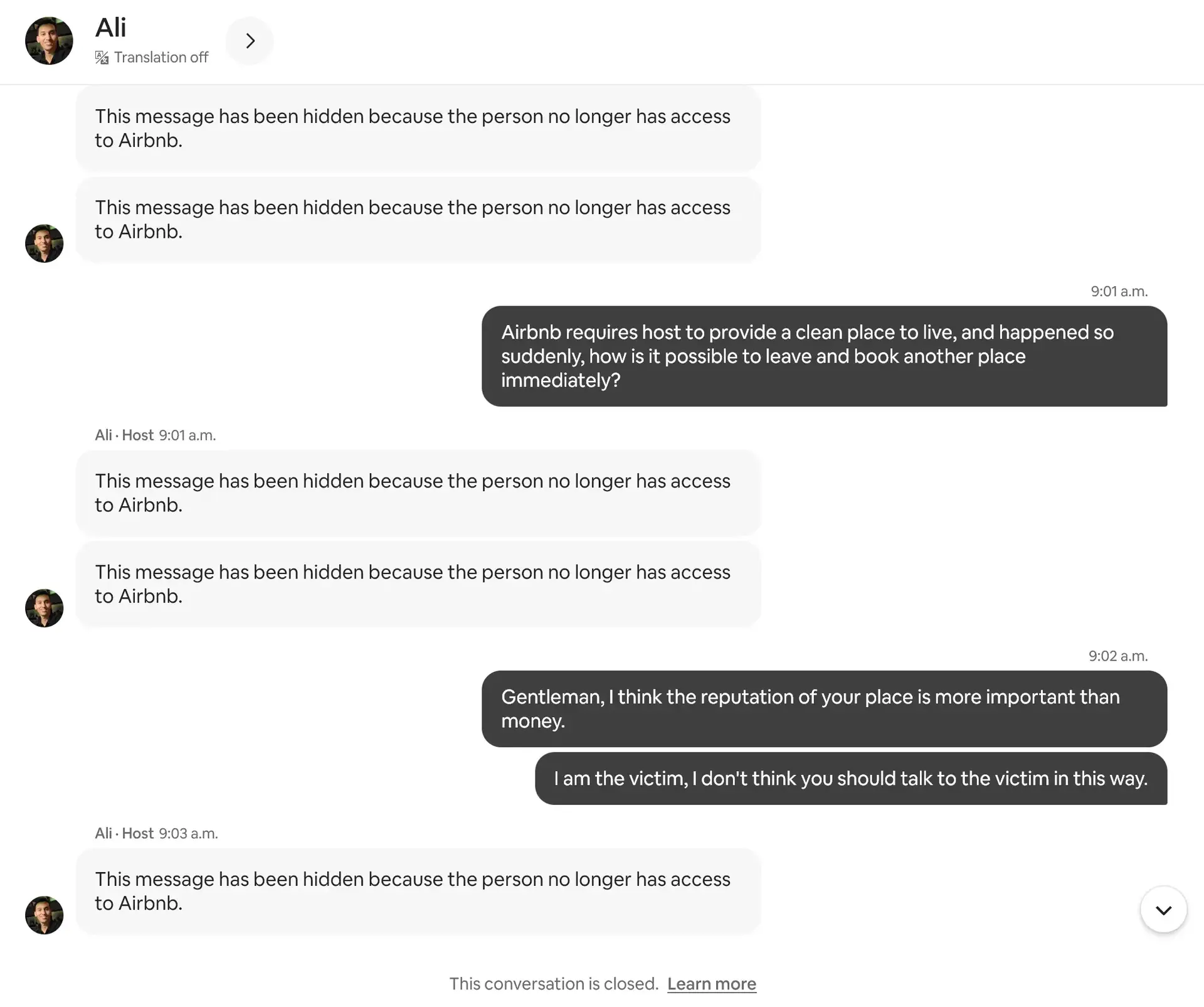 The Airbnb mice host’s sent messages all hidden