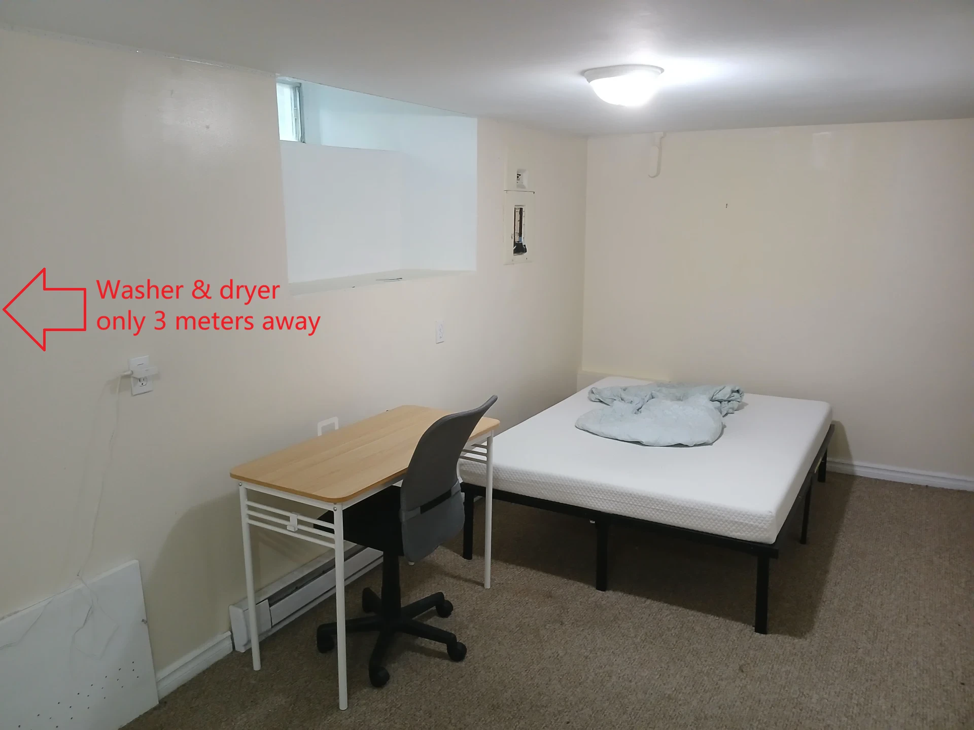 Basement living space with washer and dryer only 3 meters away