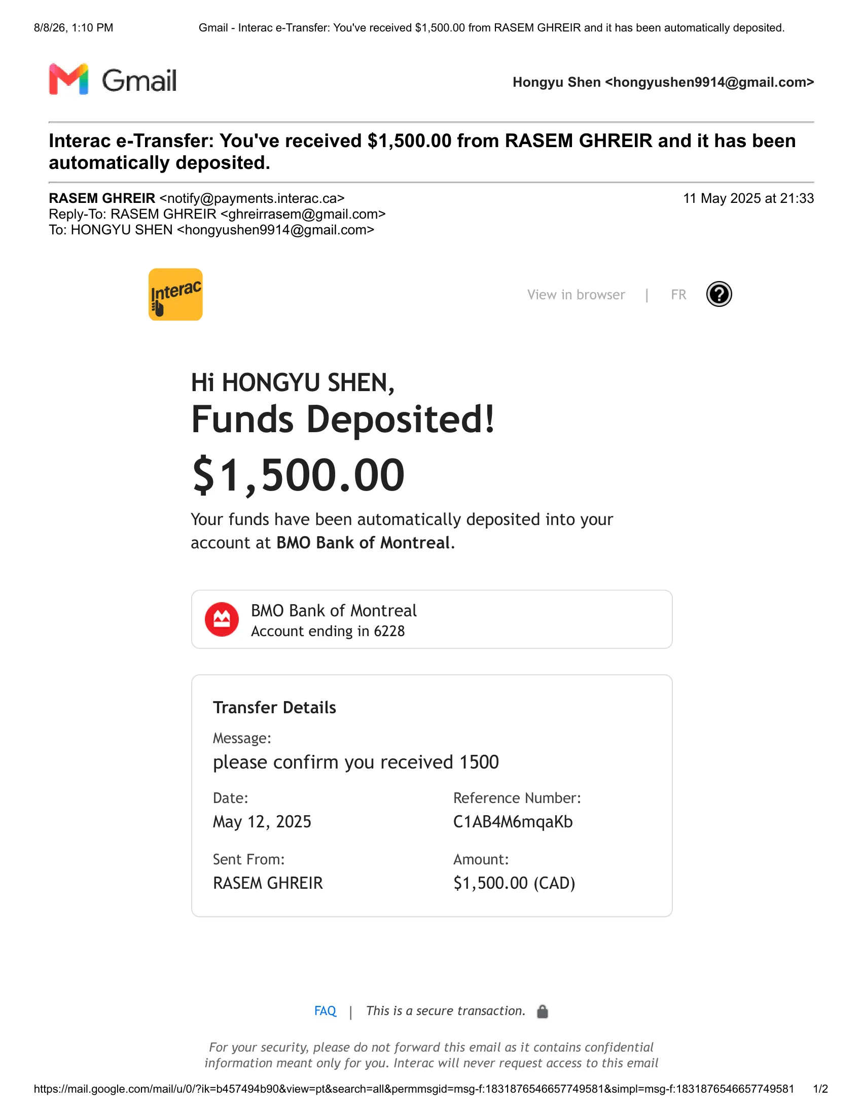Interac transfer result showing landlord used his gmail ghreirrasem@gmail.com to send CAD 1500 to victim tenant