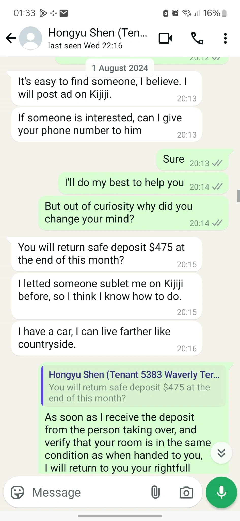Small Claims Court landlord evidence: conversation showing the landlord asking why the tenant left