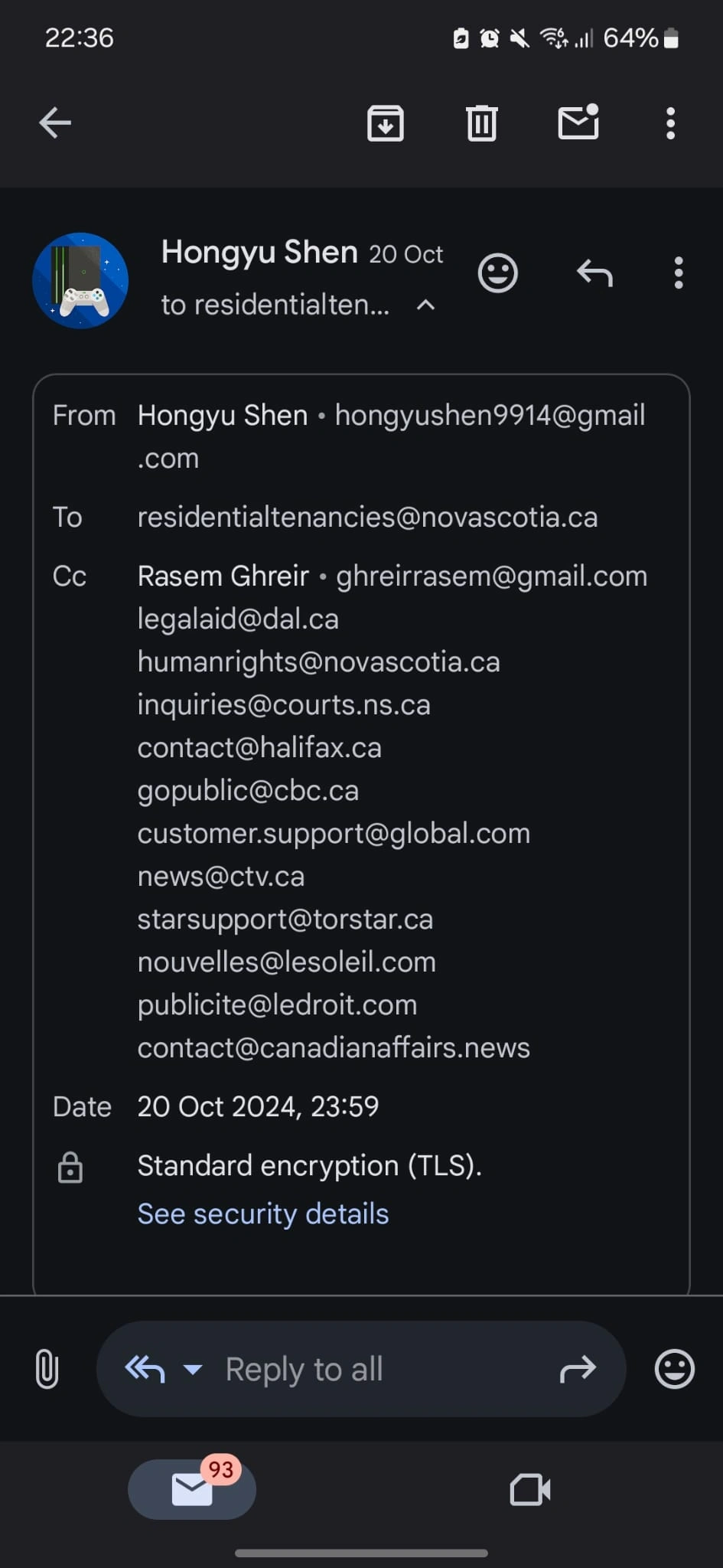 Small Claims Court landlord evidence: landlord showing the email that the tenant contacting news media for help