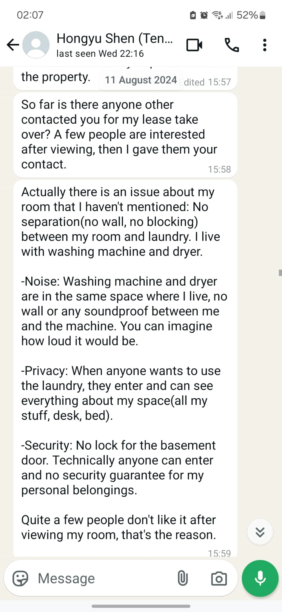 Small Claims Court landlord evidence: conversation showing tenant raising the concern of noise, privacy, security