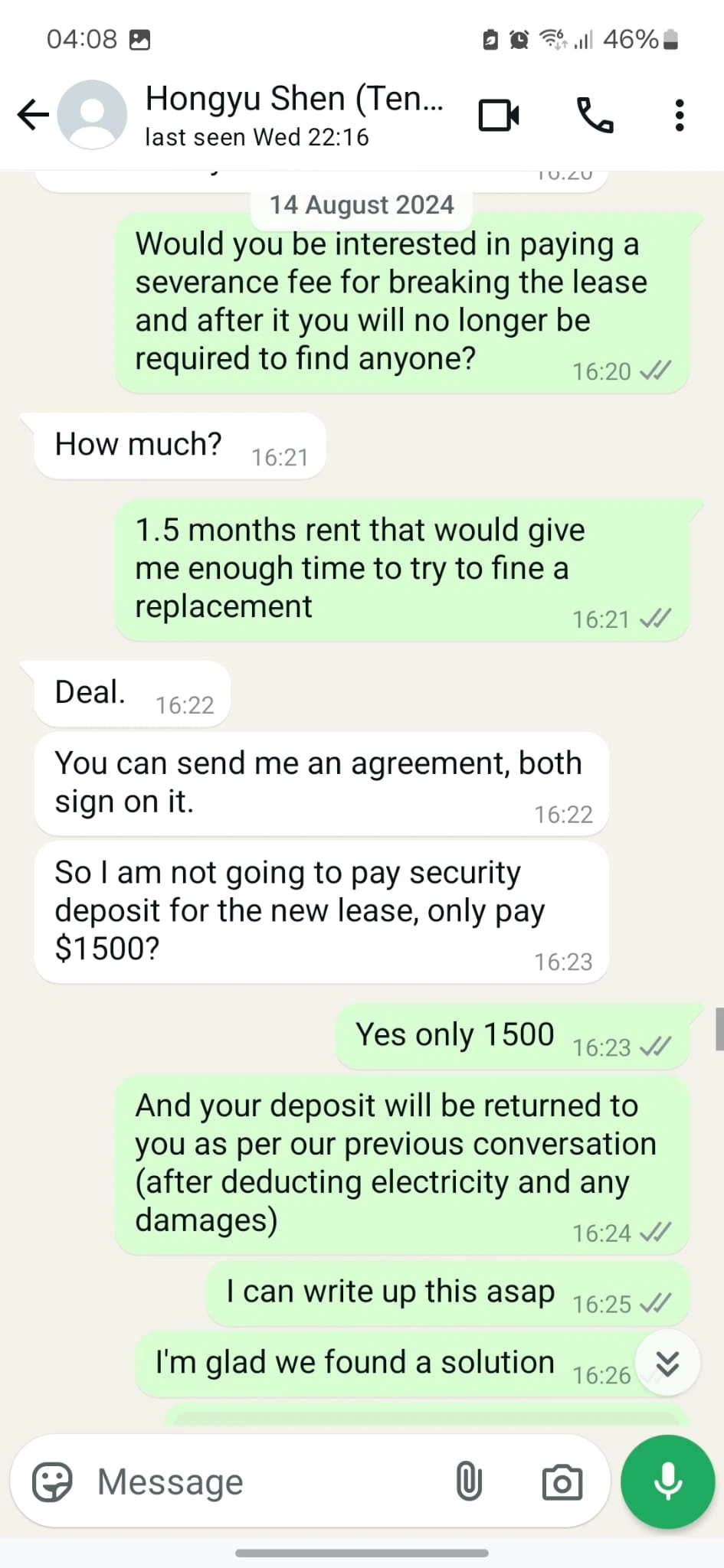 Small Claims Court landlord evidence: conversation showing landlord and tenant agreed with terminating the lease of 2024 by paying a severance fee