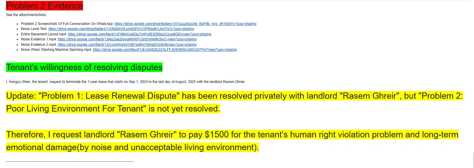 Small Claims Court landlord evidence: landlord accussing tenant of extortion and libel