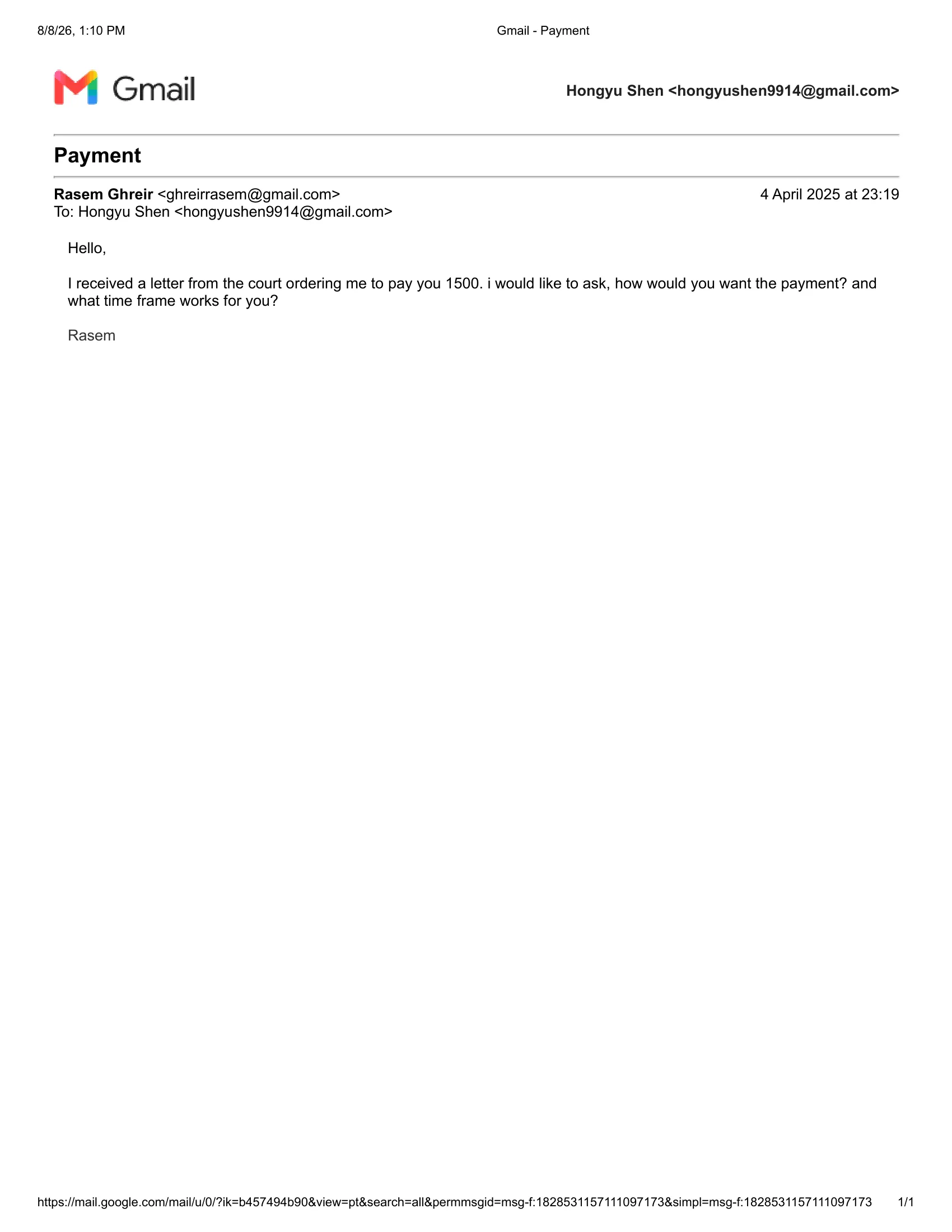 Landlord contacted victim tenant to pay CAD 1500 after Small Claims Court decision