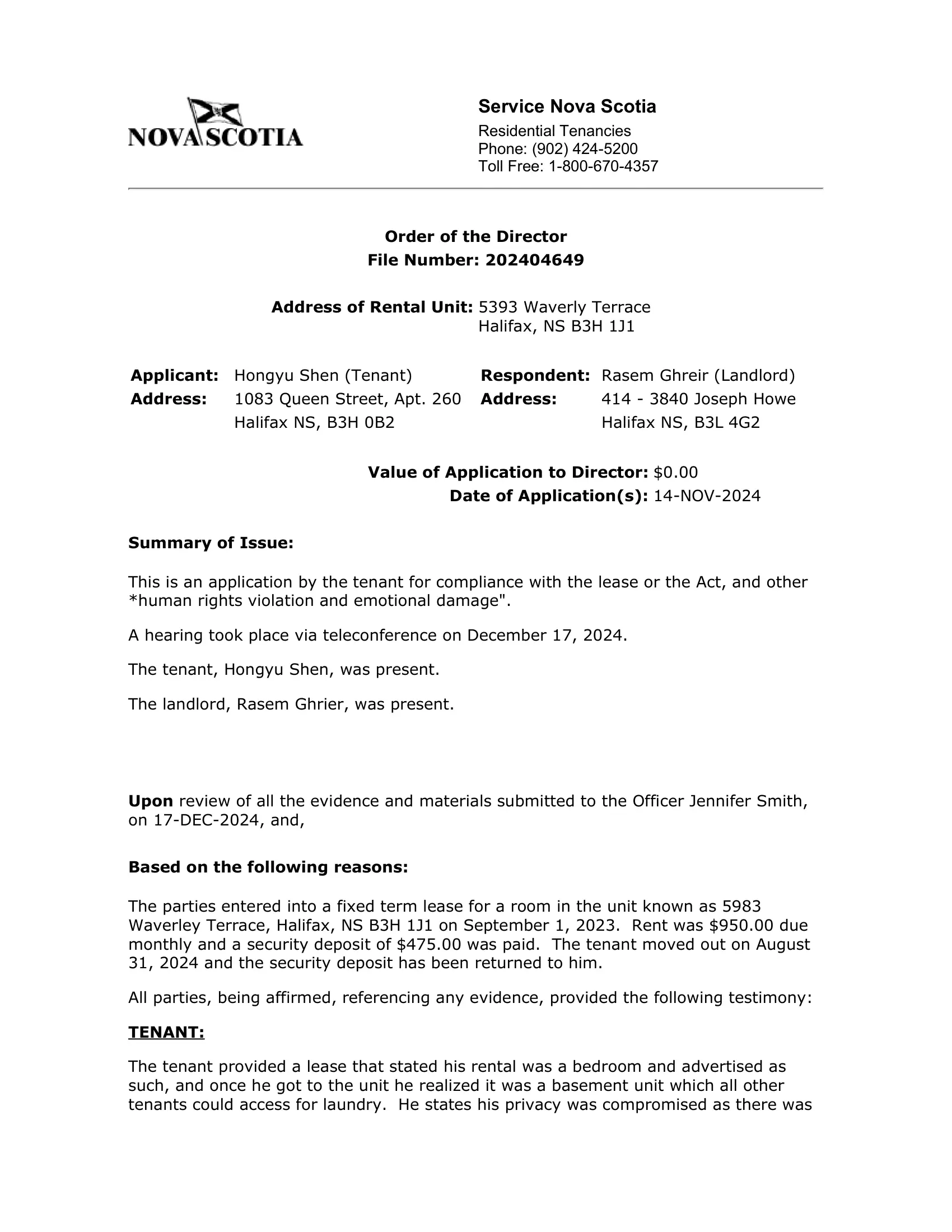 Residential Tenancies hearing record page 1