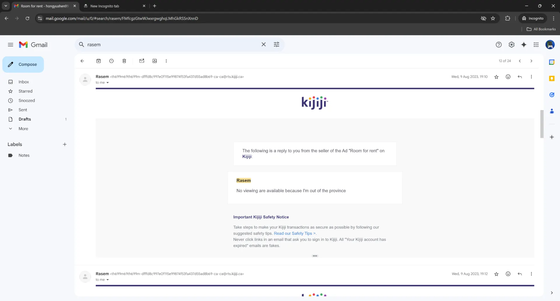 Small Claims Court tenant evidence: conversation on Kijiji showing no viewing opportunity provided by landlord Rasem Ghreir prior to signing the lease