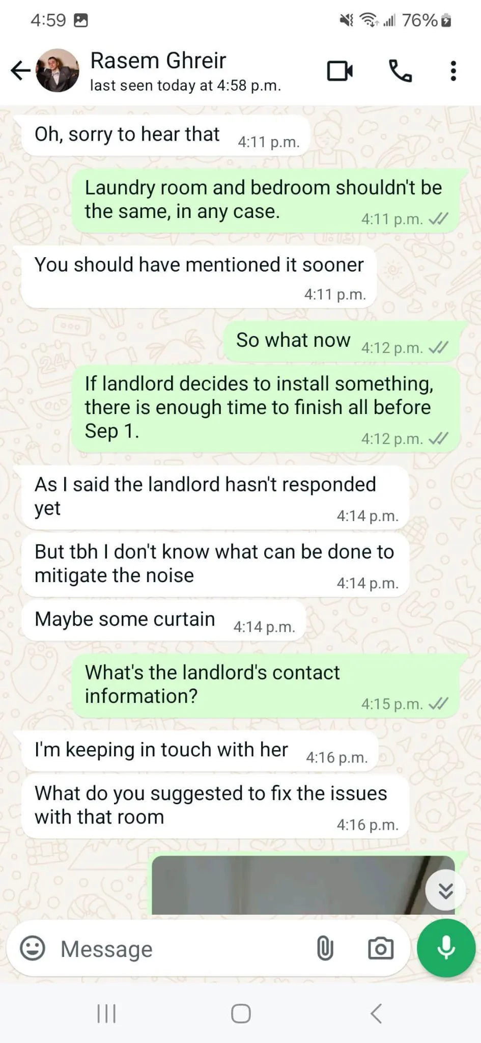 Small Claims Court tenant evidence: conversation showing landlord Rasem Ghreir unable to fix the noise issue