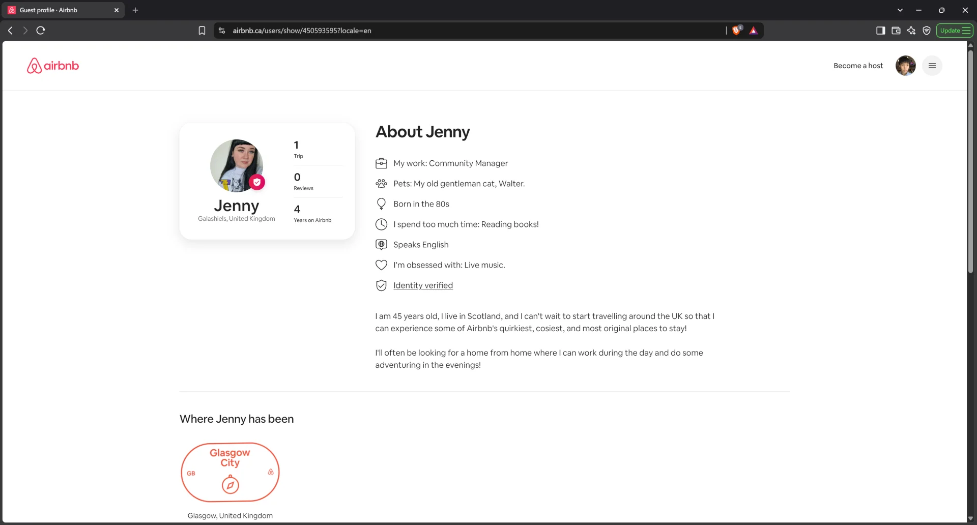 Airbnb profile for manager Jenny