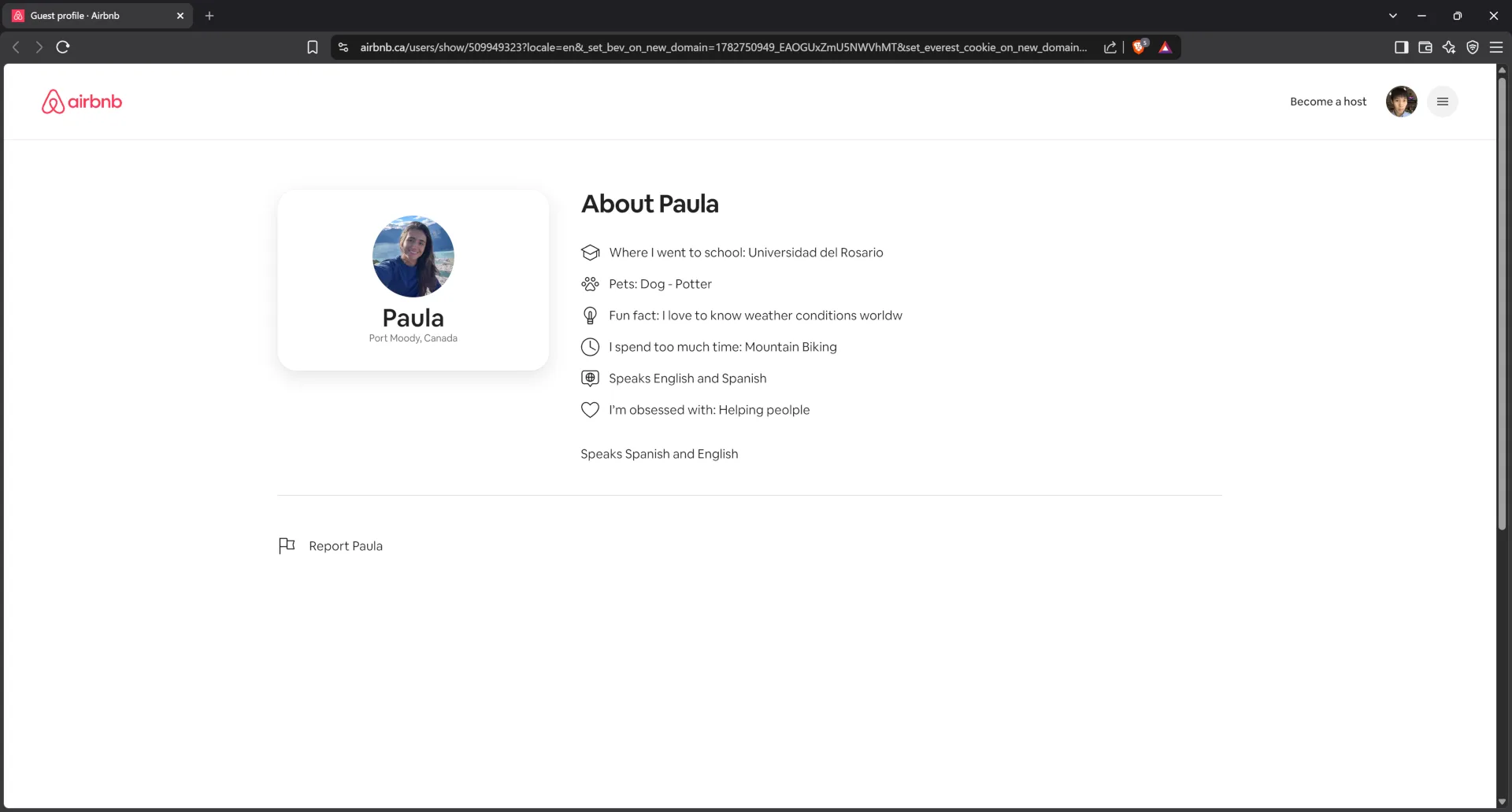 Airbnb profile for manager Paula
