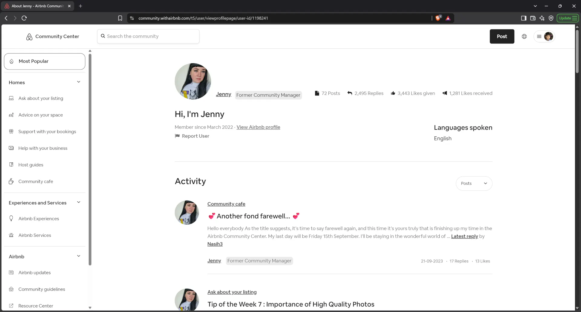 Airbnb community center profile for manager Jenny