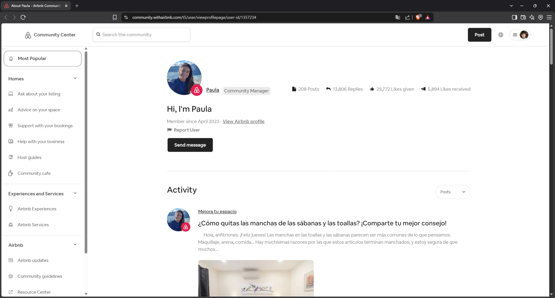 Airbnb community center profile for manager Paula