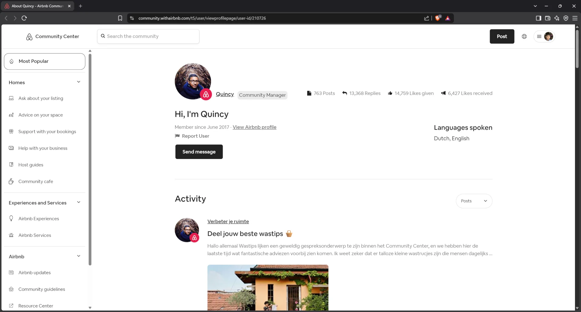 Airbnb community center profile for manager Quincy