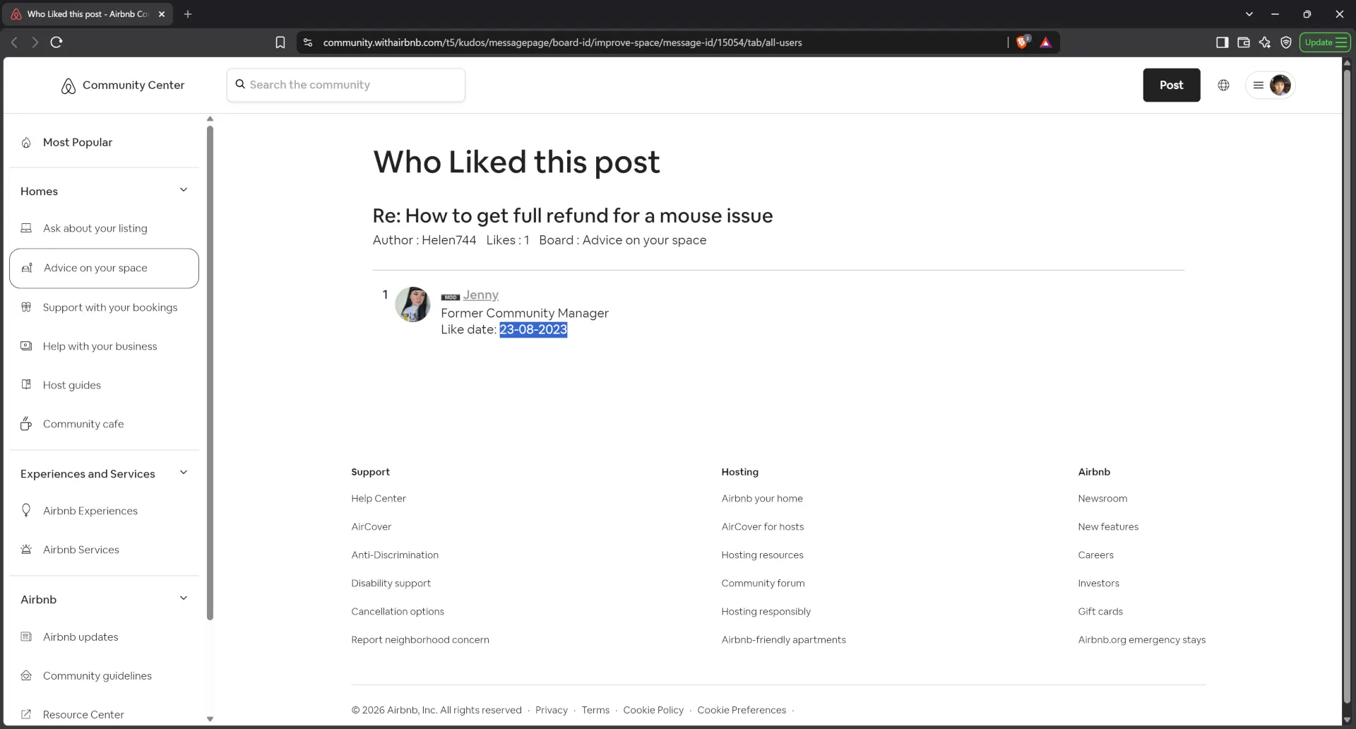 Airbnb manager Jenny publicly supported a statement against the victim guest