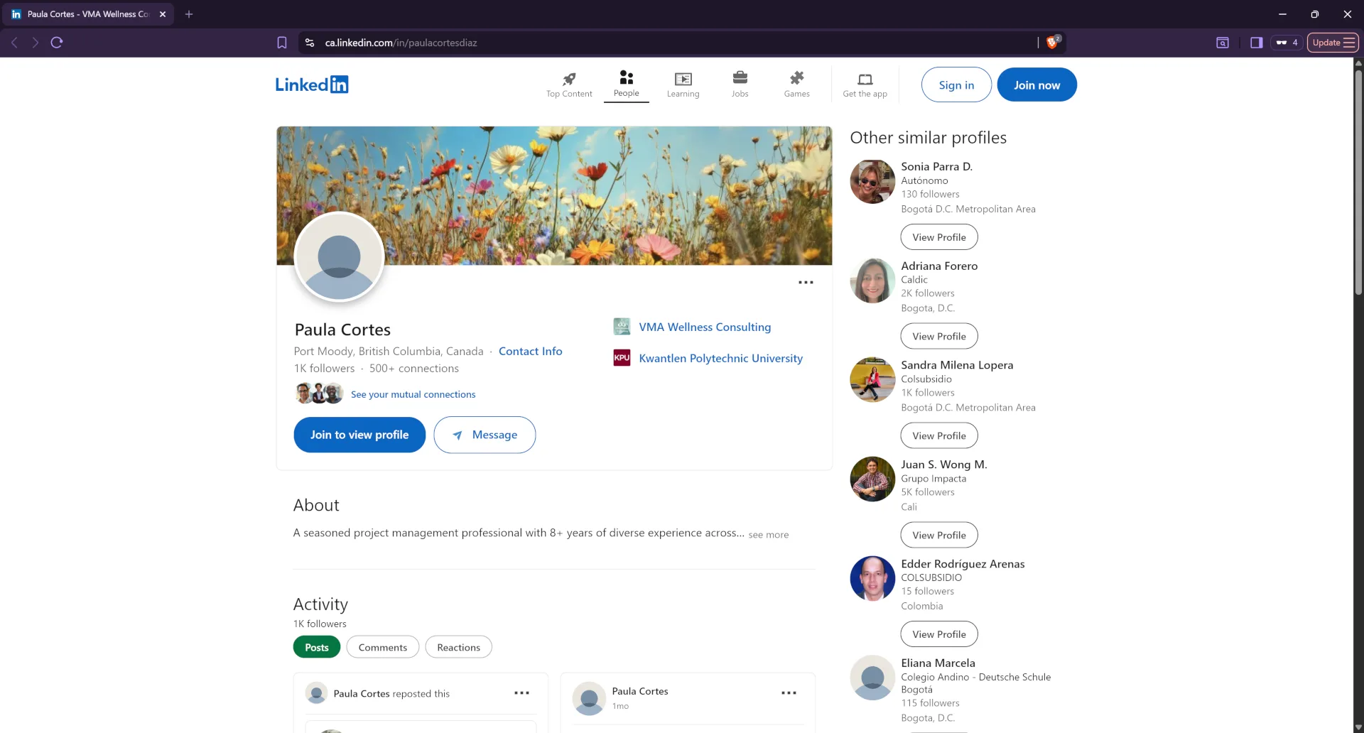 Linkedin profile for Airbnb manager Paula (real name: Paula Cortes)