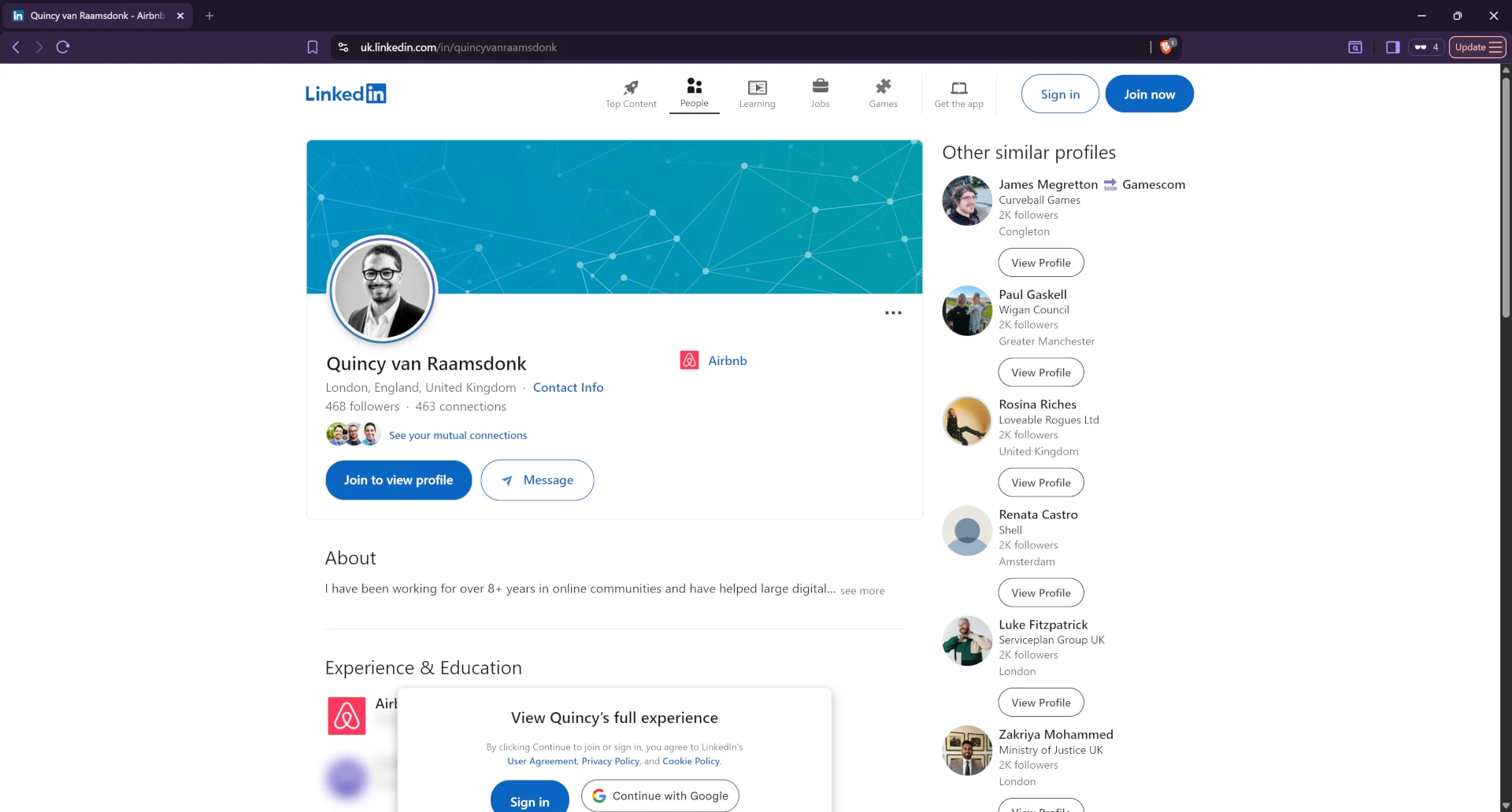 Linkedin profile for Airbnb host Quincy (real name: Quincy van Raamsdonk)