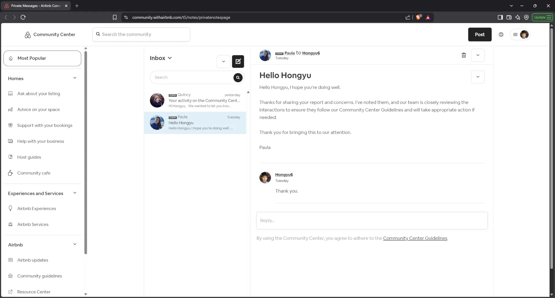 Airbnb manager Paula sent a message to the victim guest