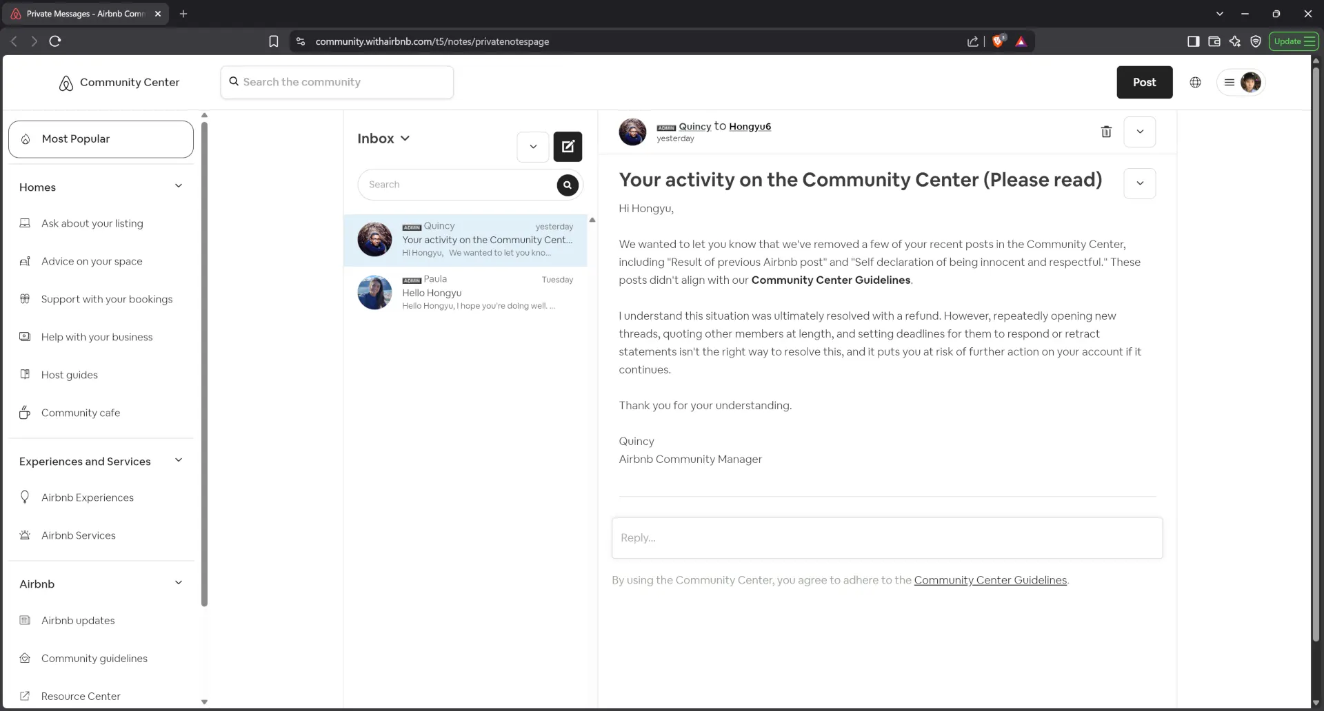 Airbnb manager Quincy removed two posts without specifying / quoting the Community Center Guidelines violated by the victim guest
