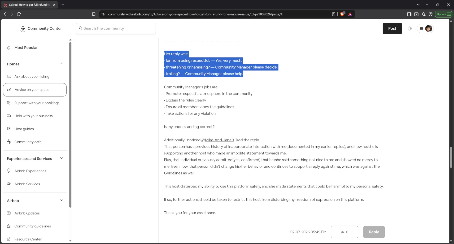 Victim guest requested Airbnb manager for help