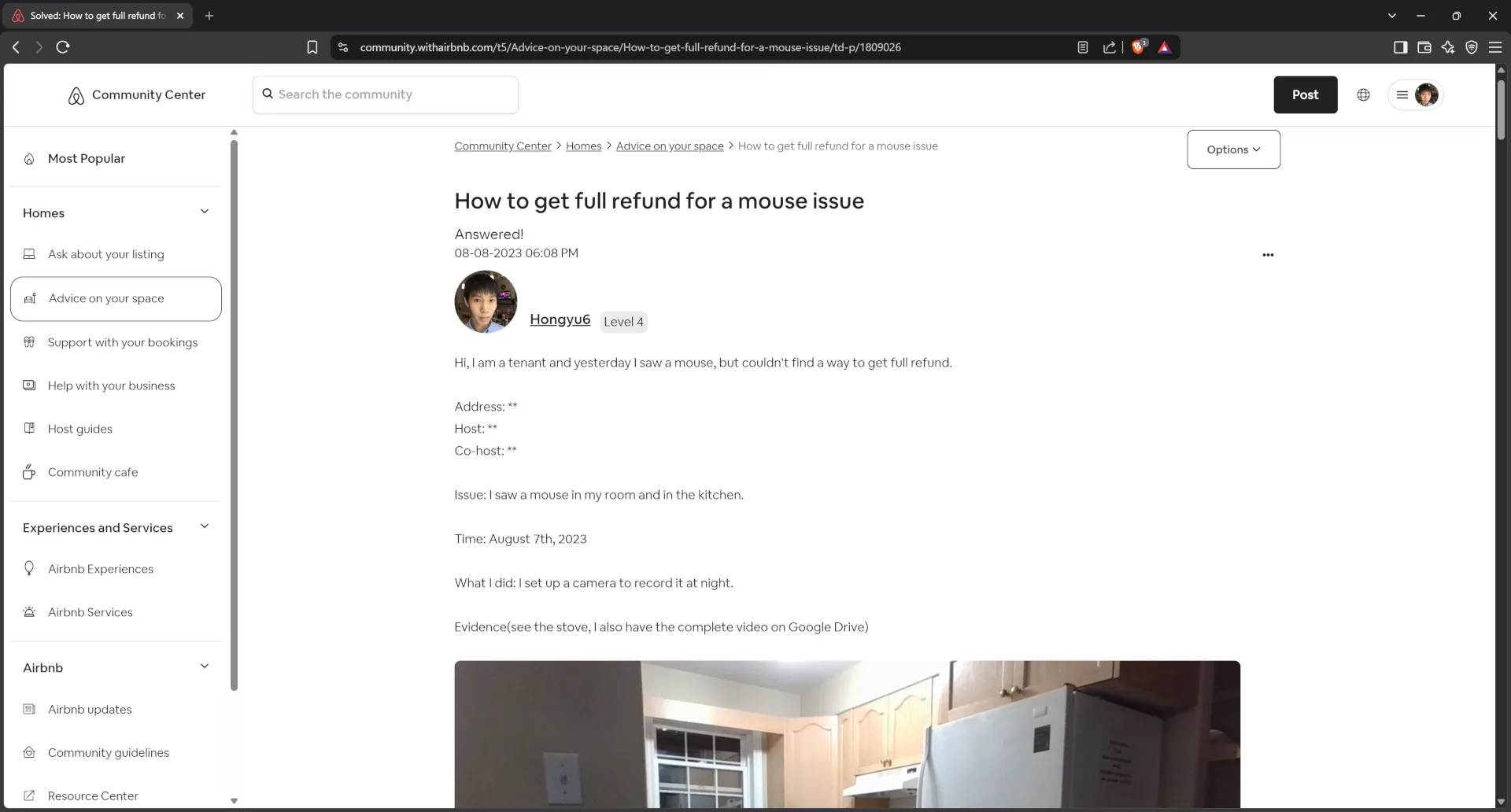 Airbnb community center post by victim guest regarding mice issue