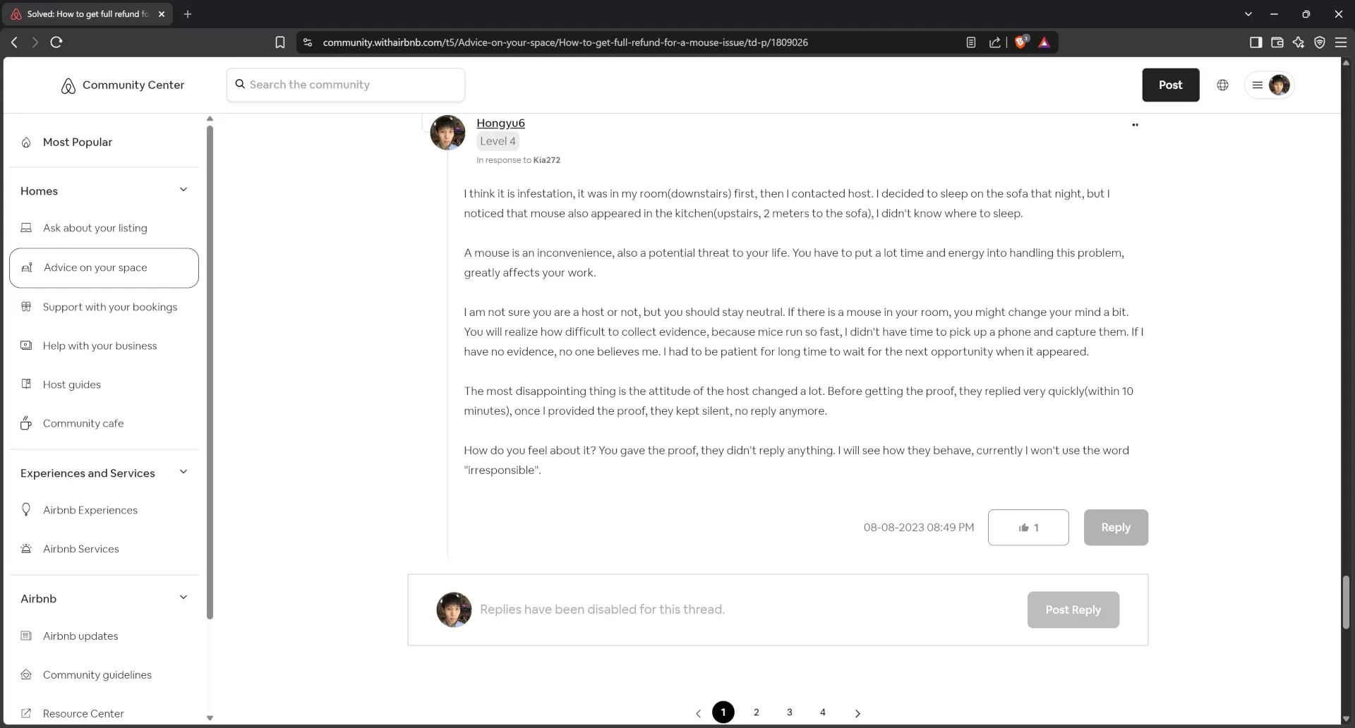 Victim guest asking how to get full refund for mice issue on Airbnb Community Center