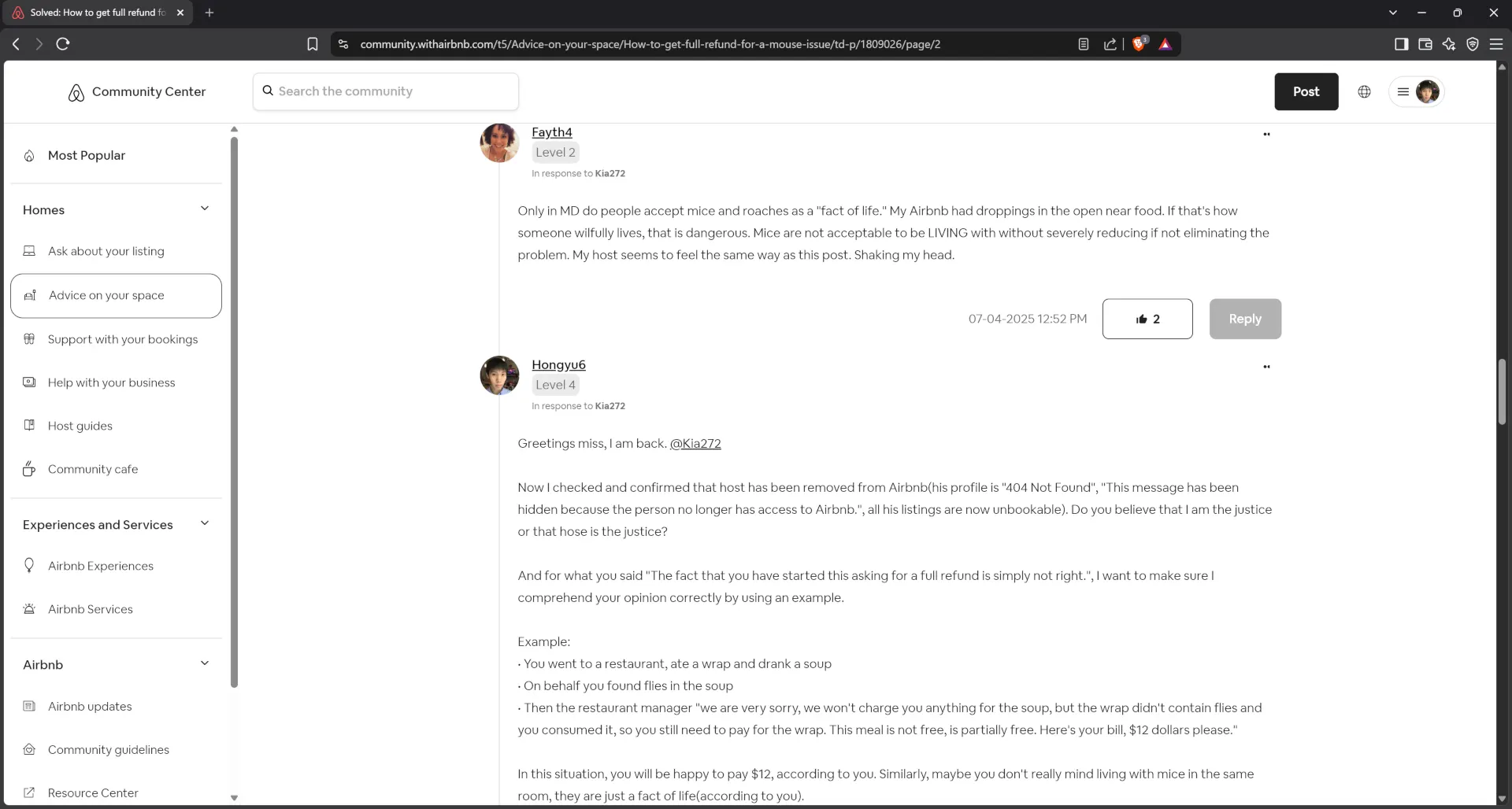 Victim guest asking how to get full refund for mice issue on Airbnb Community Center