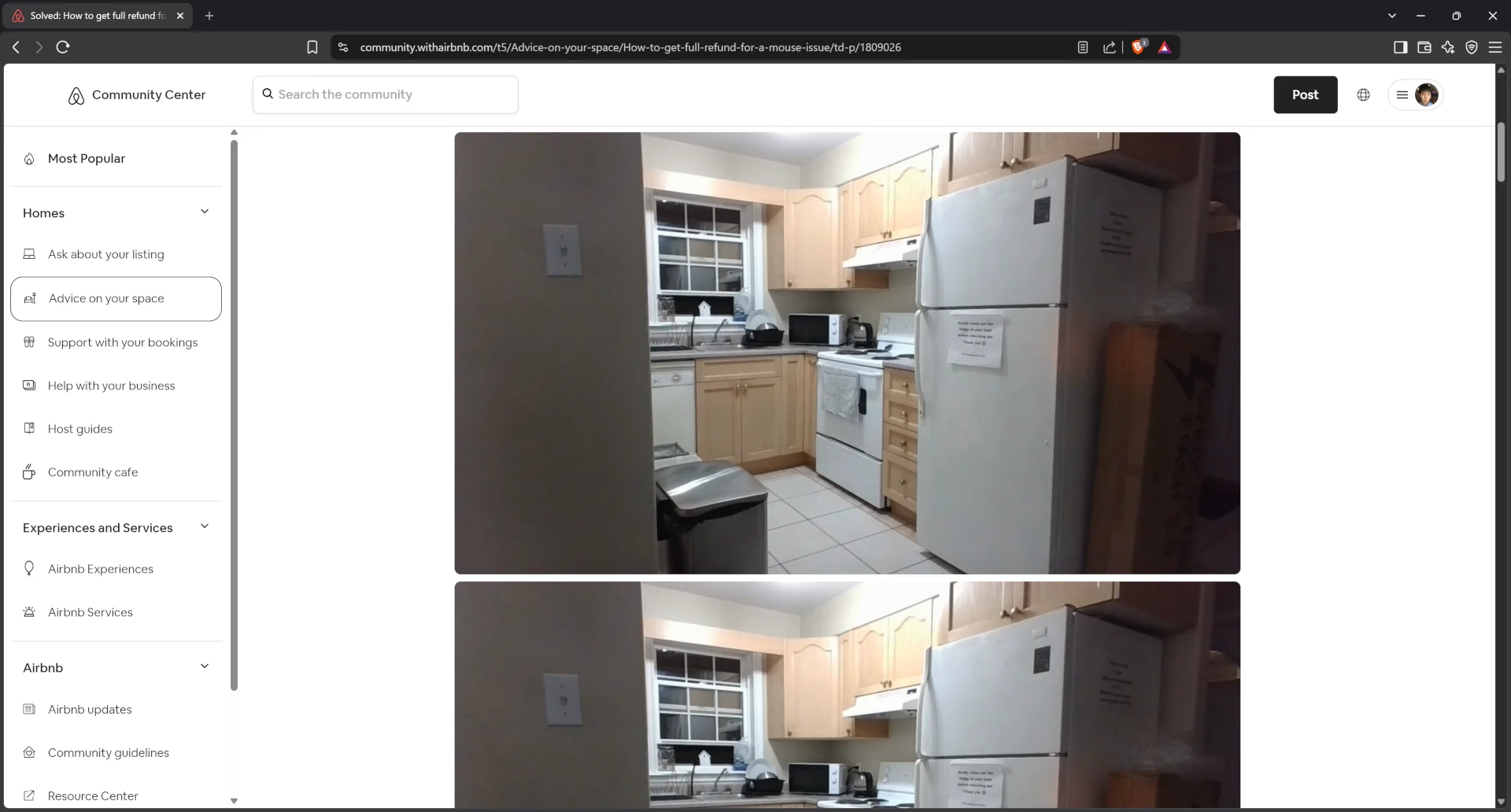 Airbnb community center post by victim guest showing evidence of mice issue