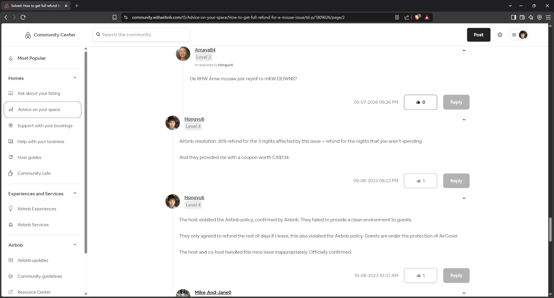 Victim guest asking how to get full refund for mice issue on Airbnb Community Center