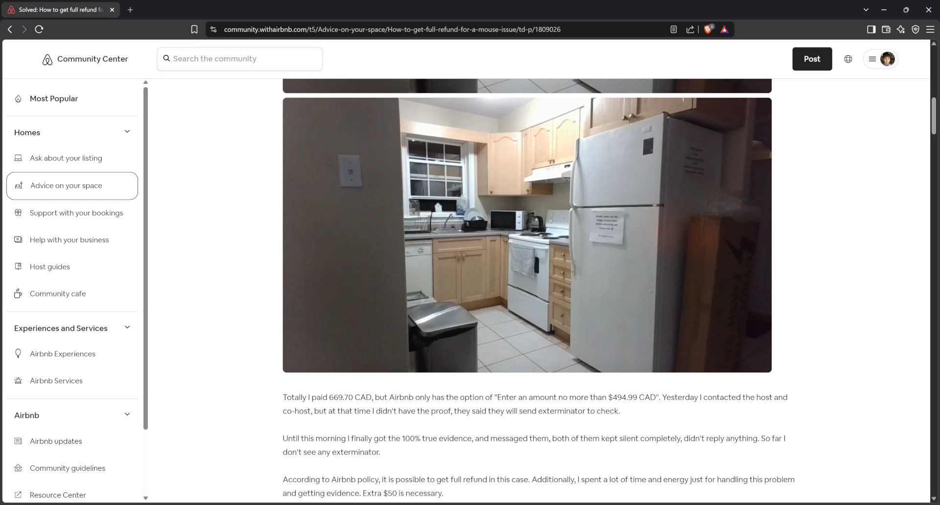 Airbnb community center post by victim guest asking full refund