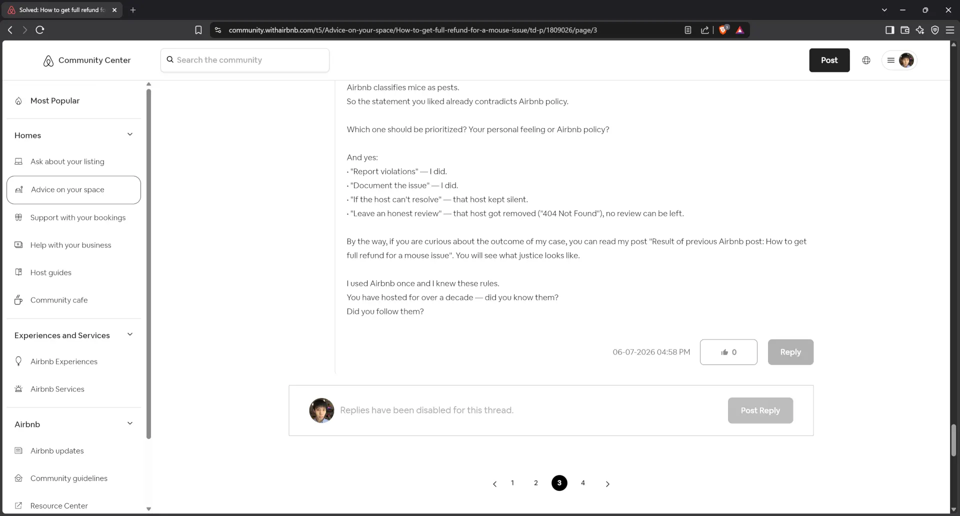 Victim guest asking how to get full refund for mice issue on Airbnb Community Center