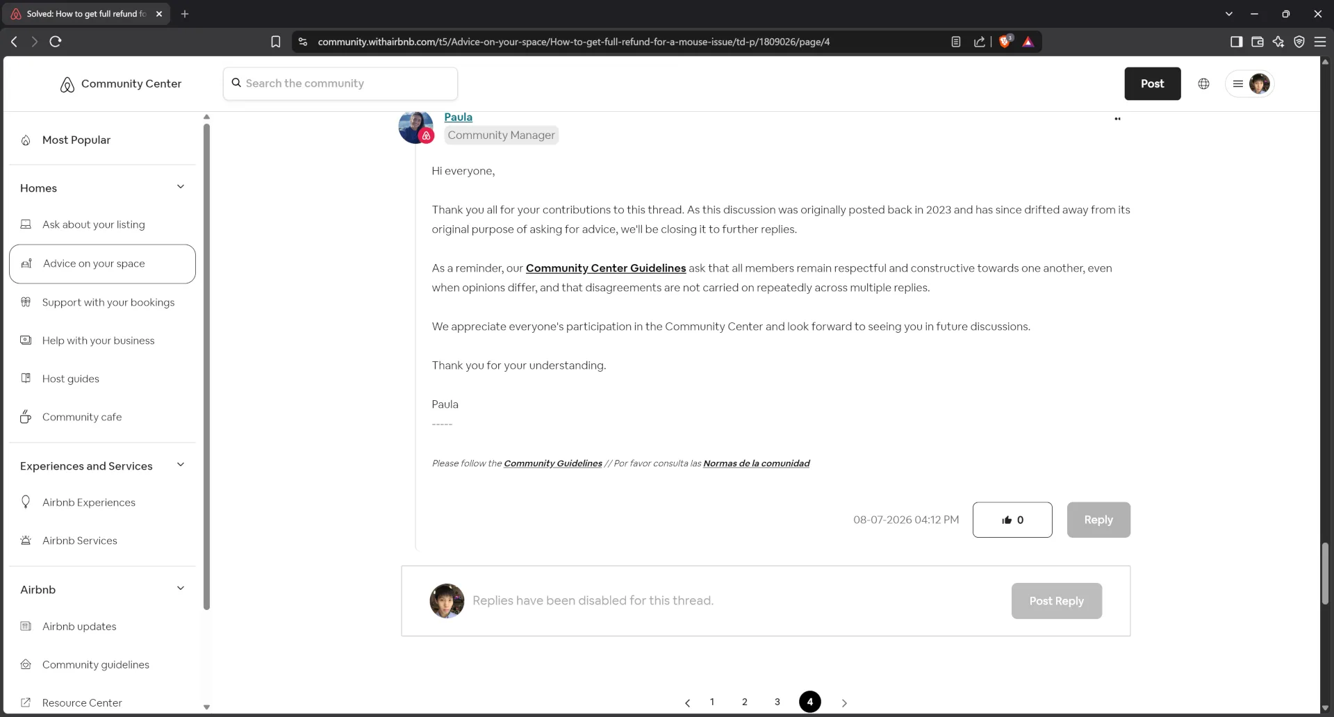 Airbnb manager Paula disabled the mice issu thread without helping the victim guest
