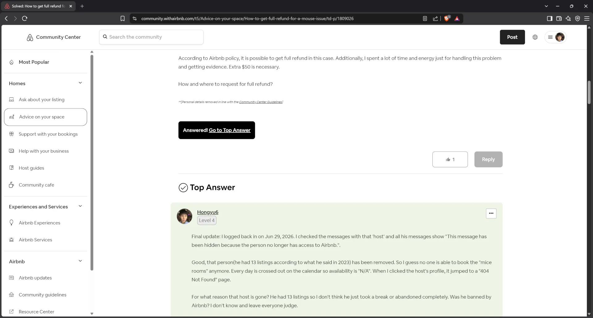 Airbnb community center post by victim guest, result showing mice host got removed completely