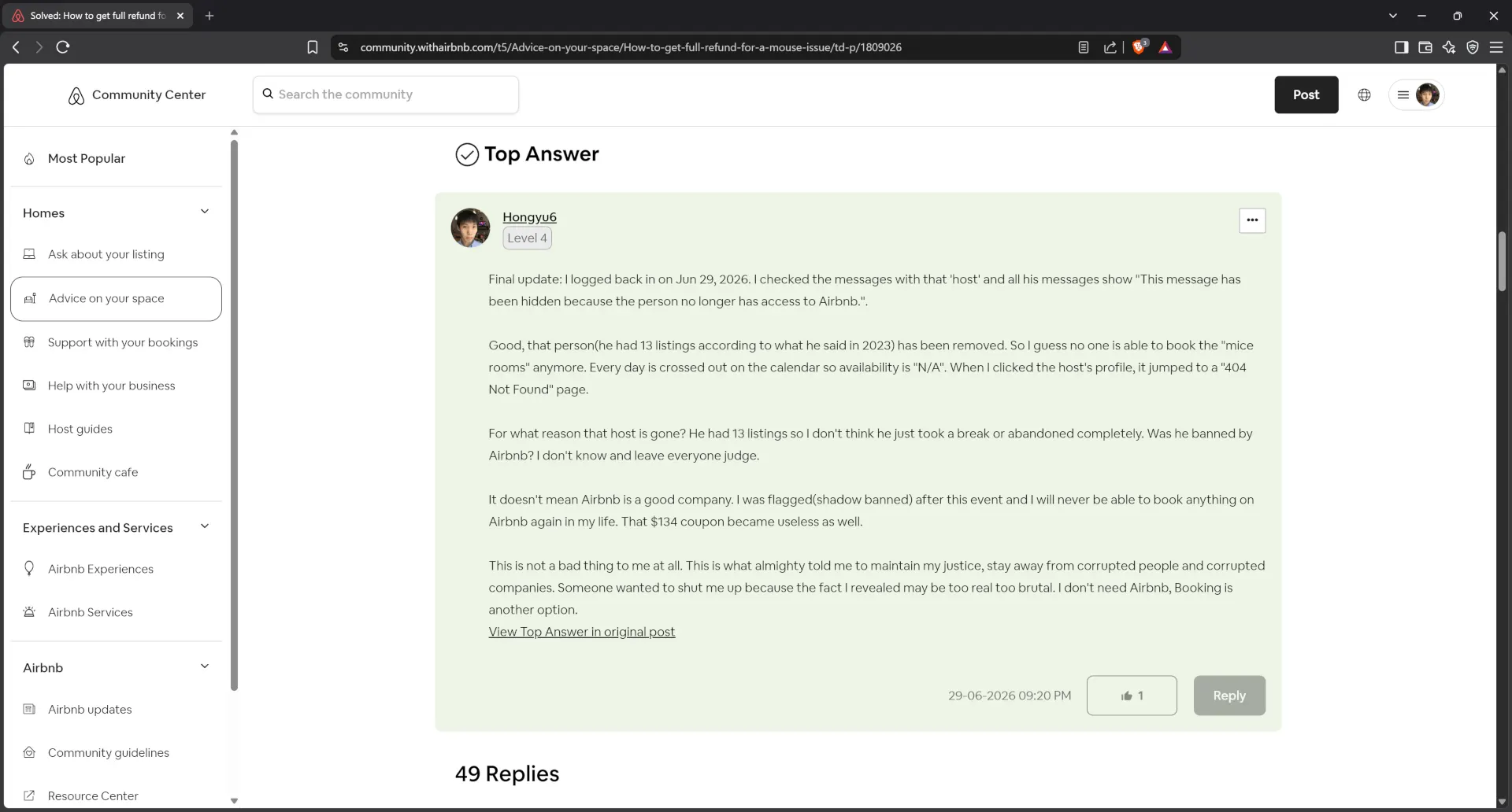 Airbnb community center post by victim guest, result showing victim guest got shadow banned