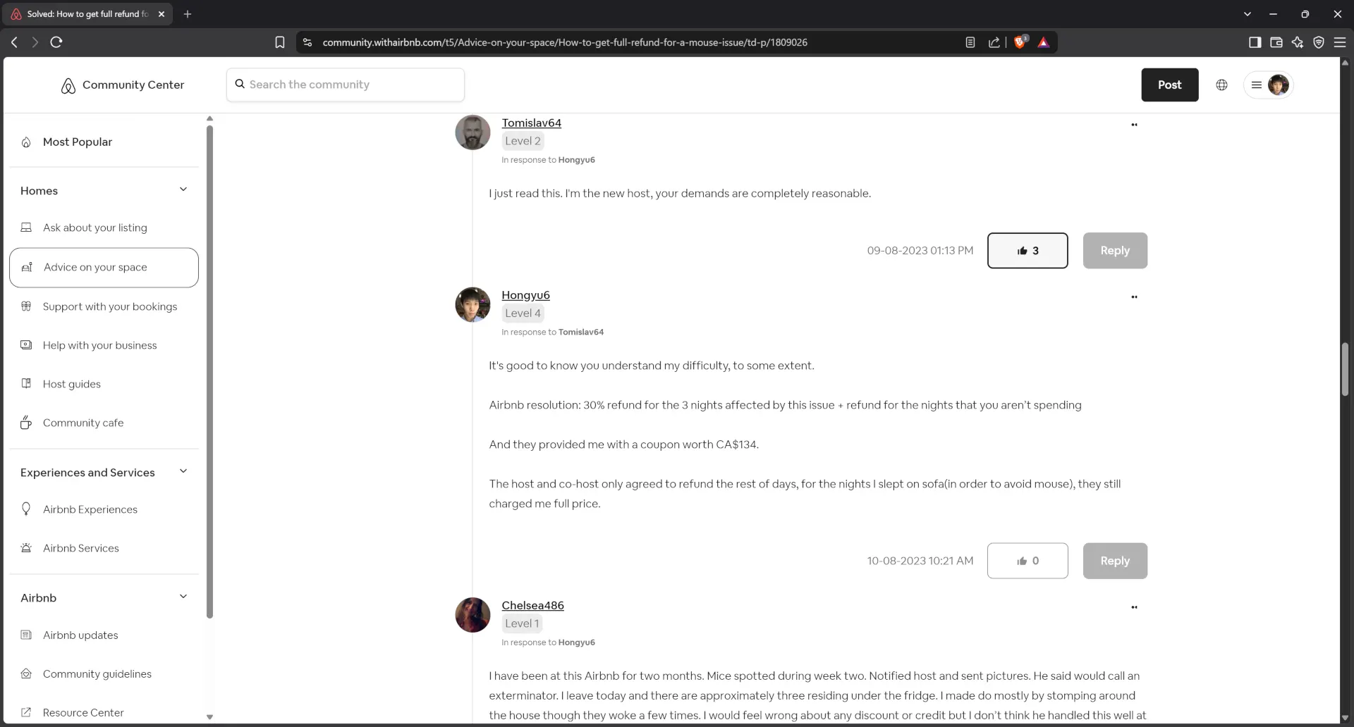 Victim guest asking how to get full refund for mice issue on Airbnb Community Center