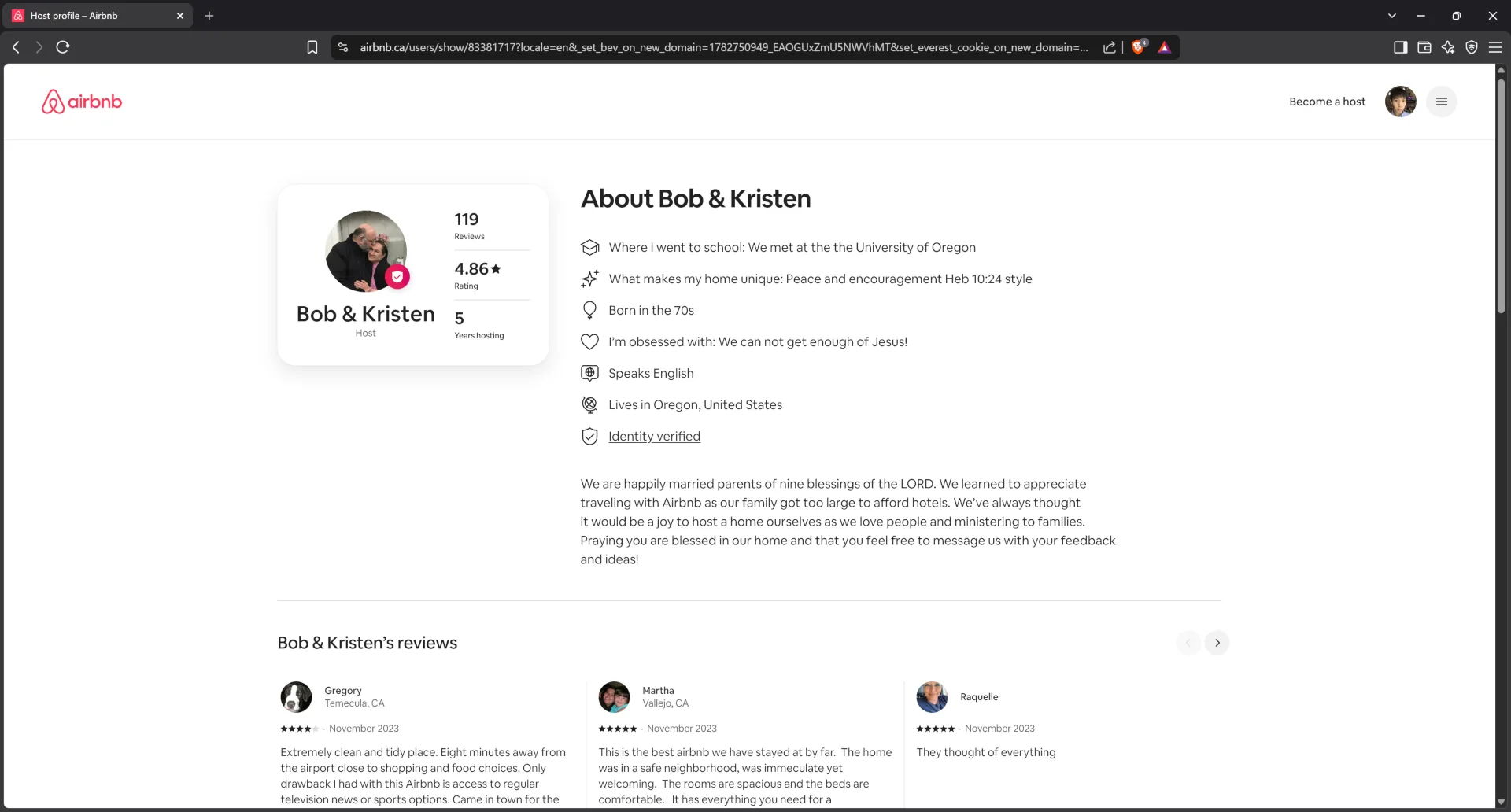 Airbnb profile for host Bob-and-Kristen0