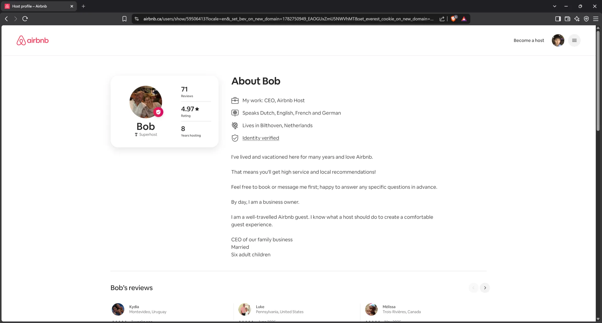 Airbnb profile for host Bob297