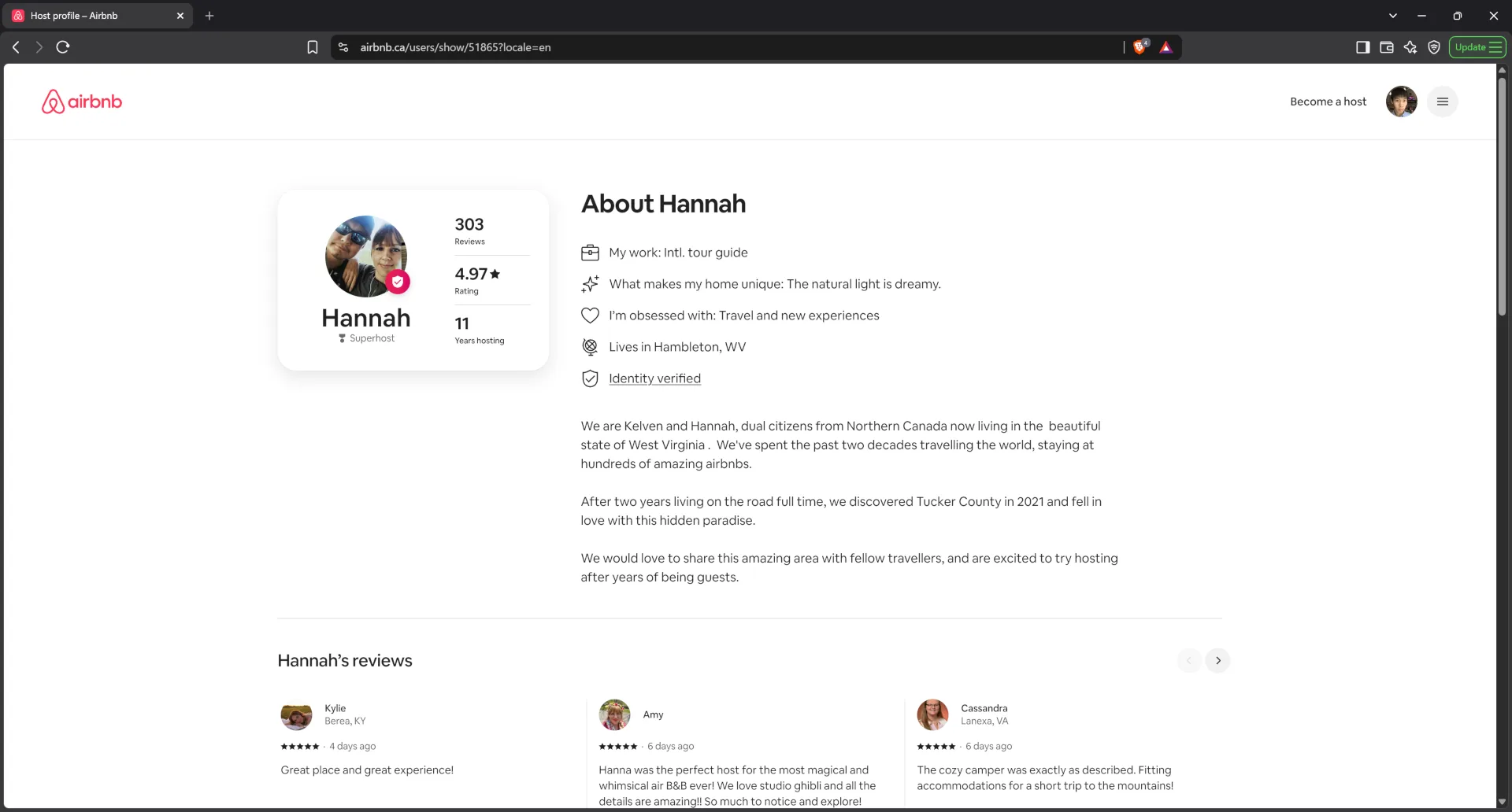 Airbnb profile for host Hannah1263