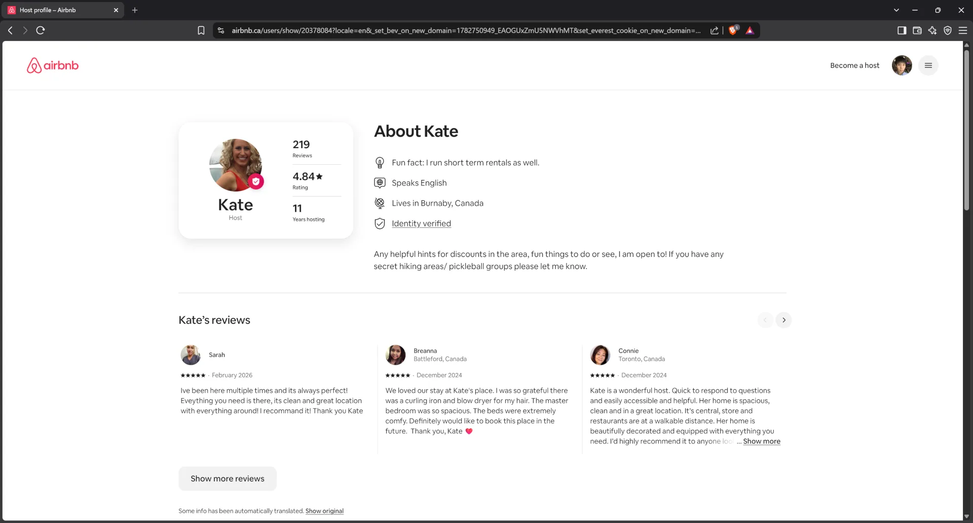 Airbnb profile for host Kate2865
