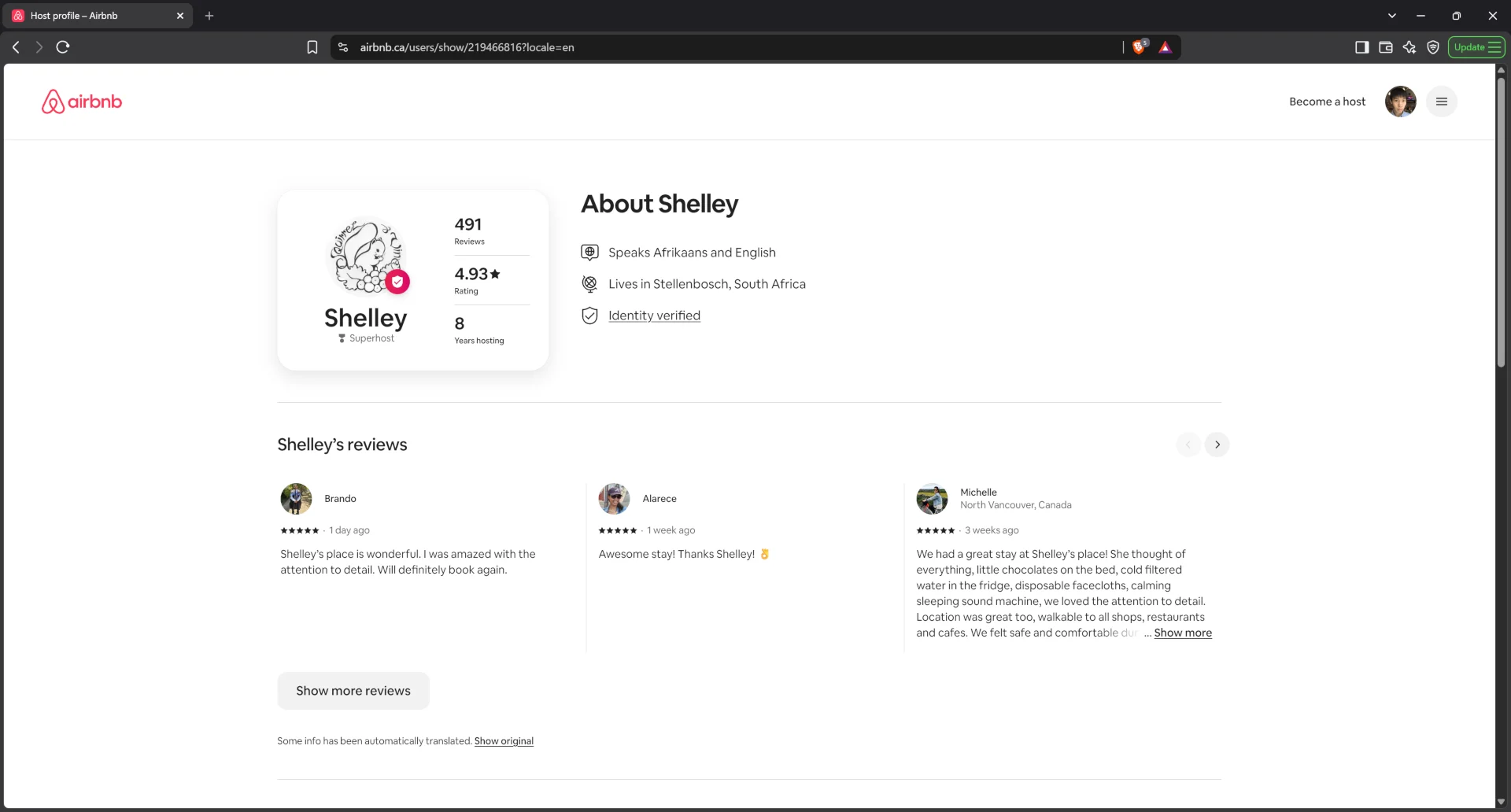 Airbnb profile for host Shelley159