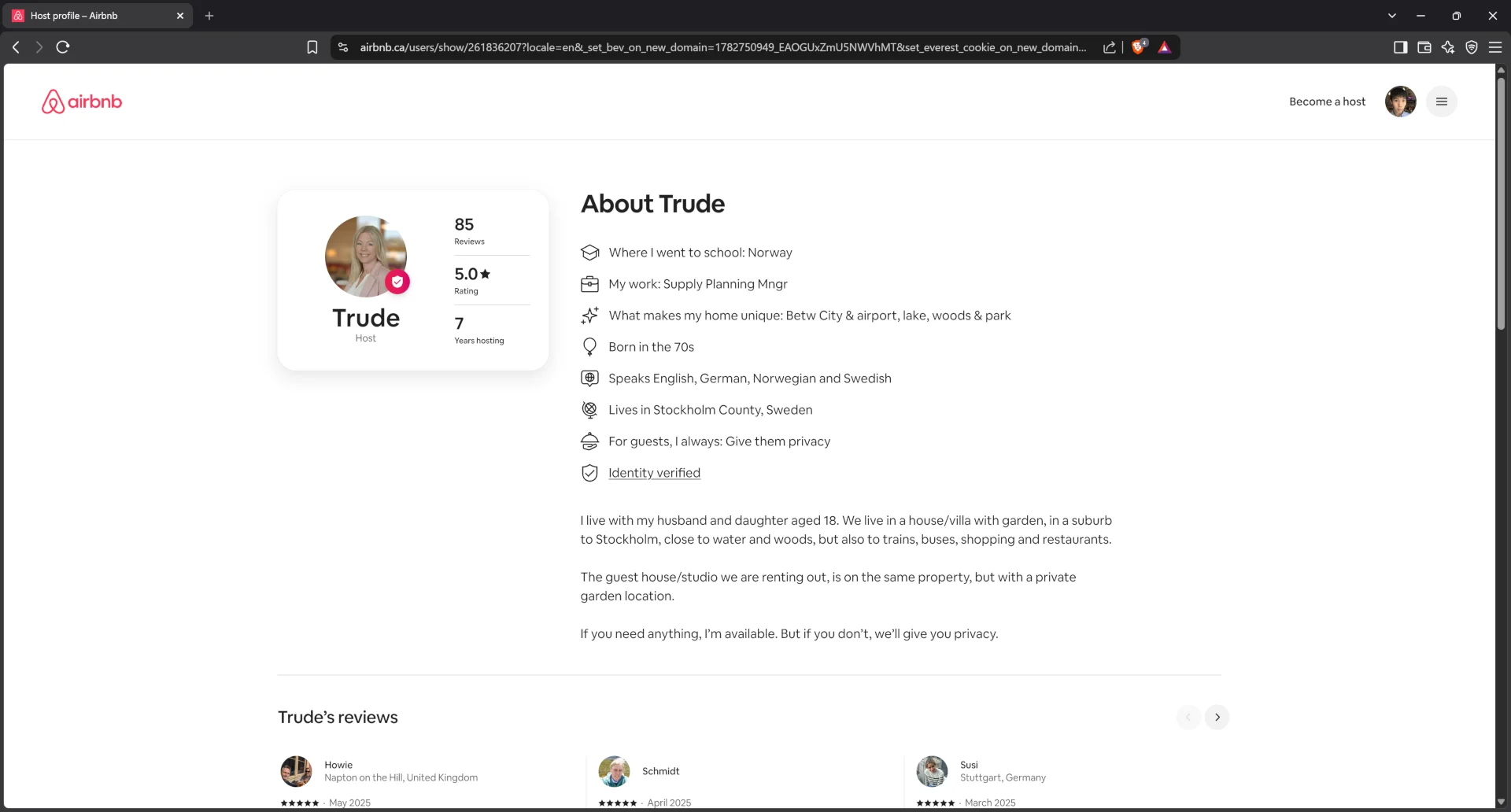Airbnb profile for host Trude0