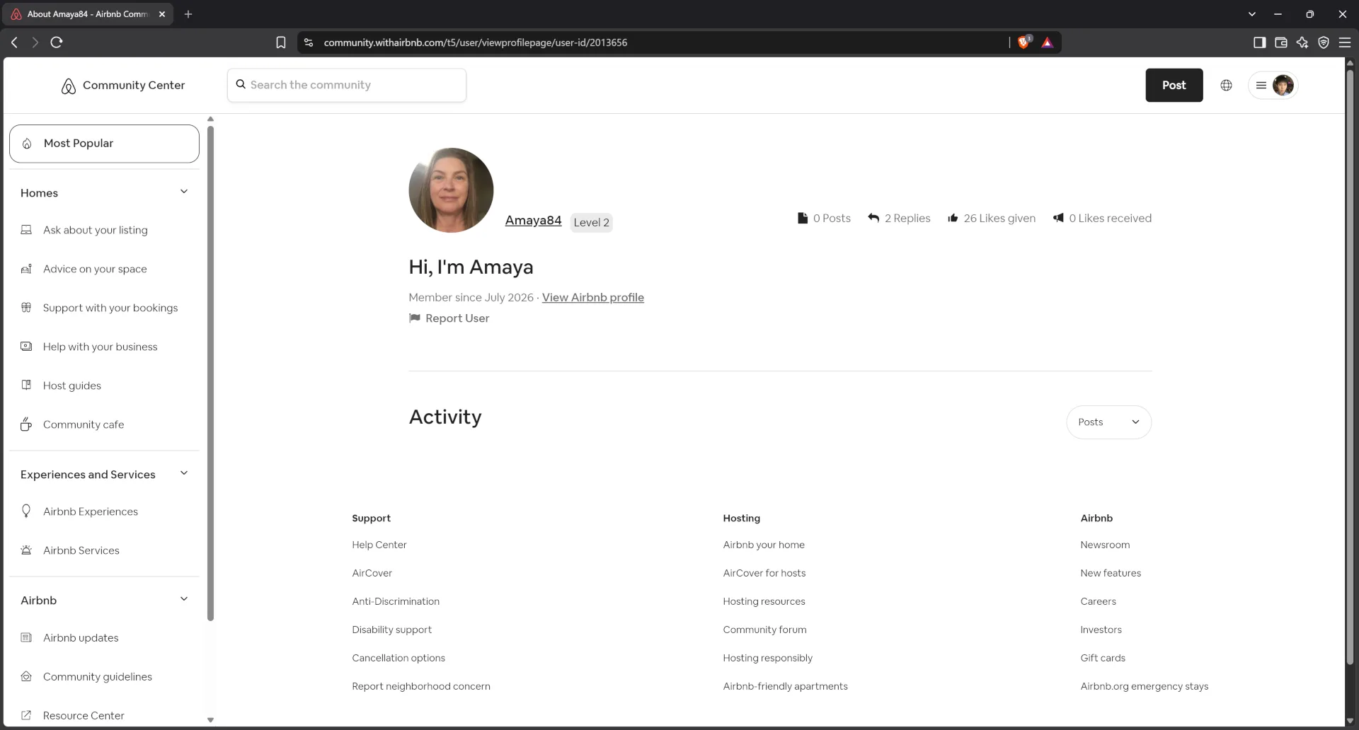 Airbnb community center profile for user Amaya84