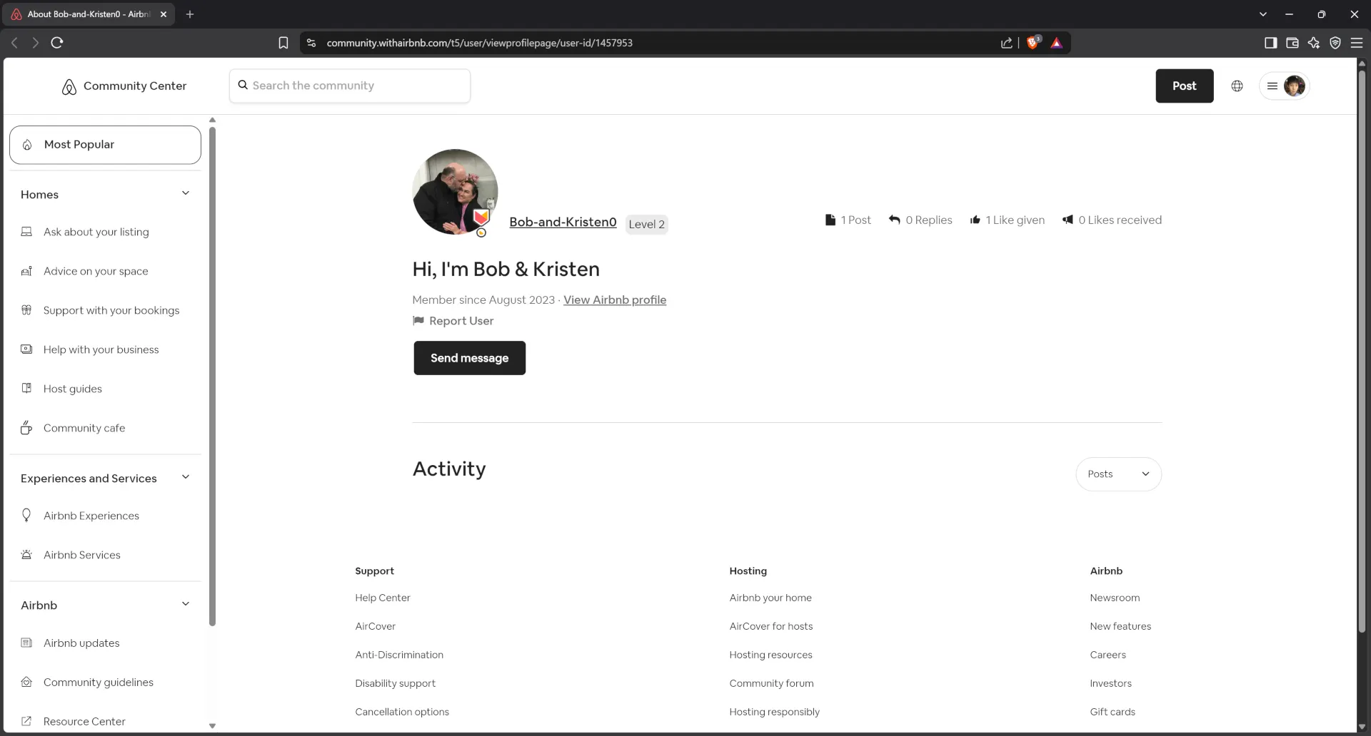 Airbnb community center profile for host Bob-and-Kristen0