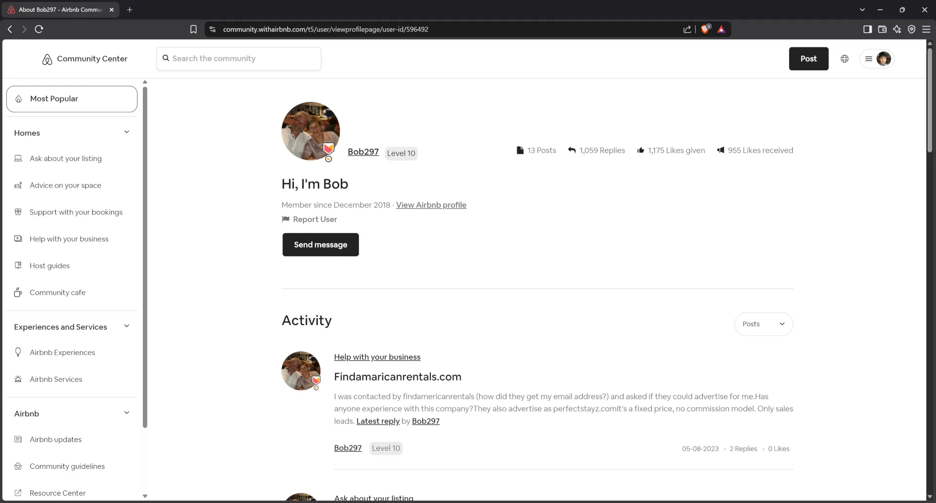 Airbnb community center profile for host Bob297