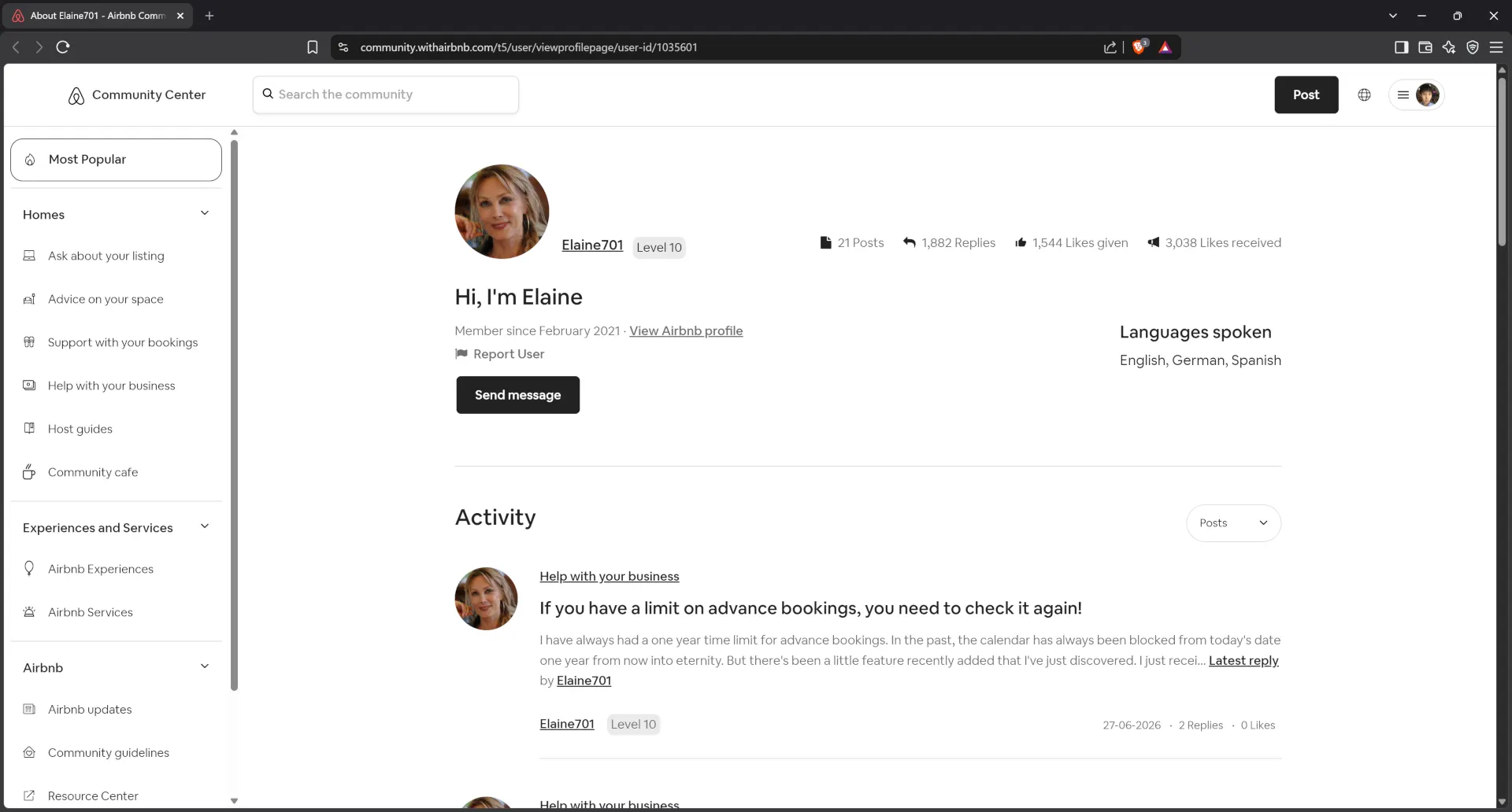 Airbnb community center profile for host Elaine701