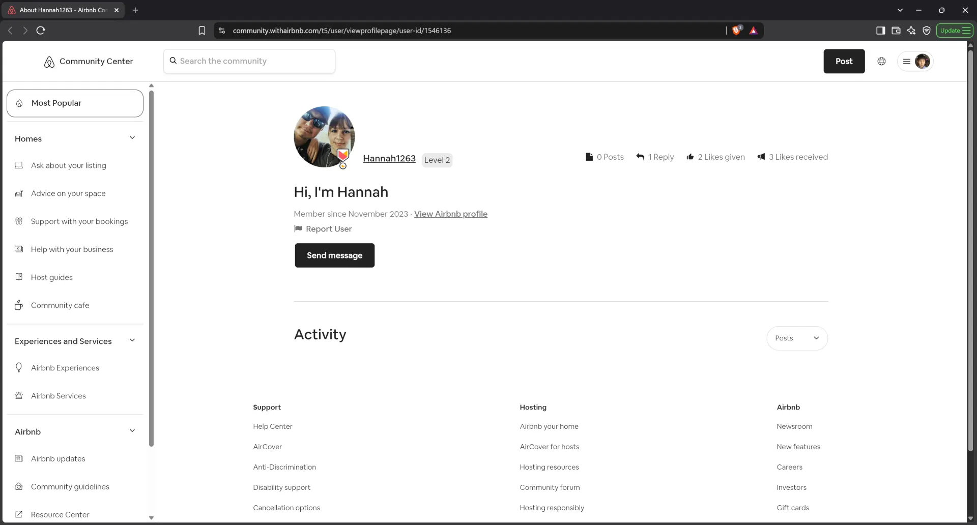 Airbnb community center profile for host Hannah1263
