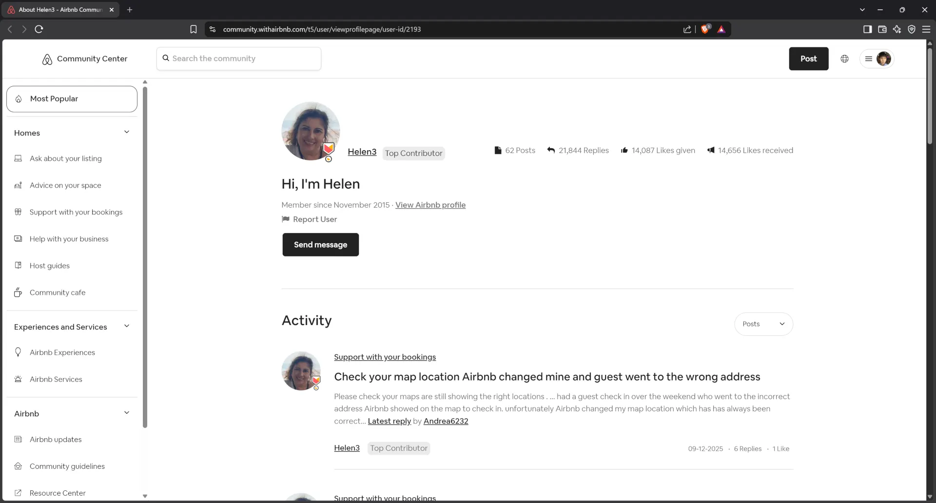Airbnb community center profile for host Helen3